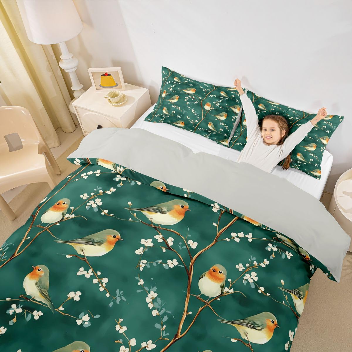 Erosebridal Bird Duvet Cover Twin Branches Comforter Cover for Kids Teens Leaves Floral Bedding Set Wildlife Animals Botanical Bed Set
