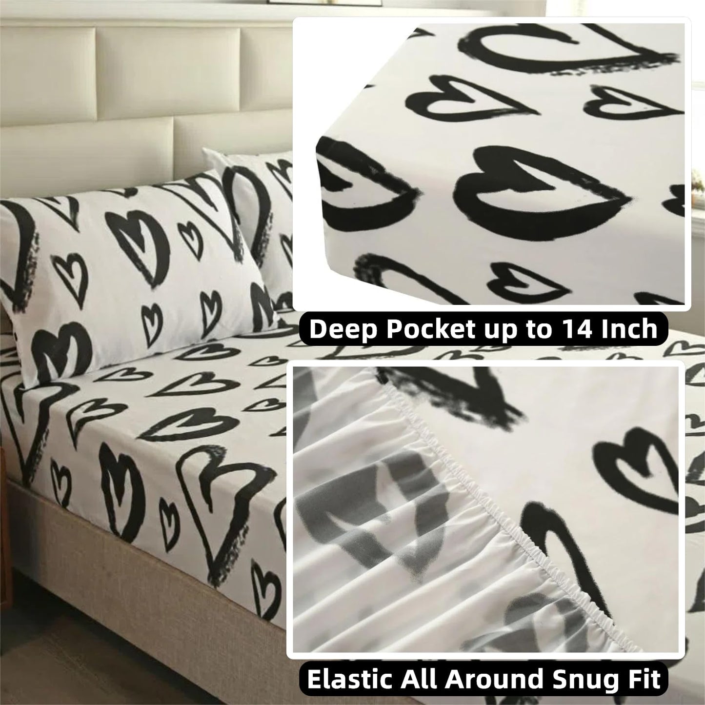 SDIII 4 Pieces Love Heart Sheets Set Twin, Soft Microfiber Black and White Heart Sheets Twin, Romantic Hearts Bedding Sheet Shrink and Fade Resistant