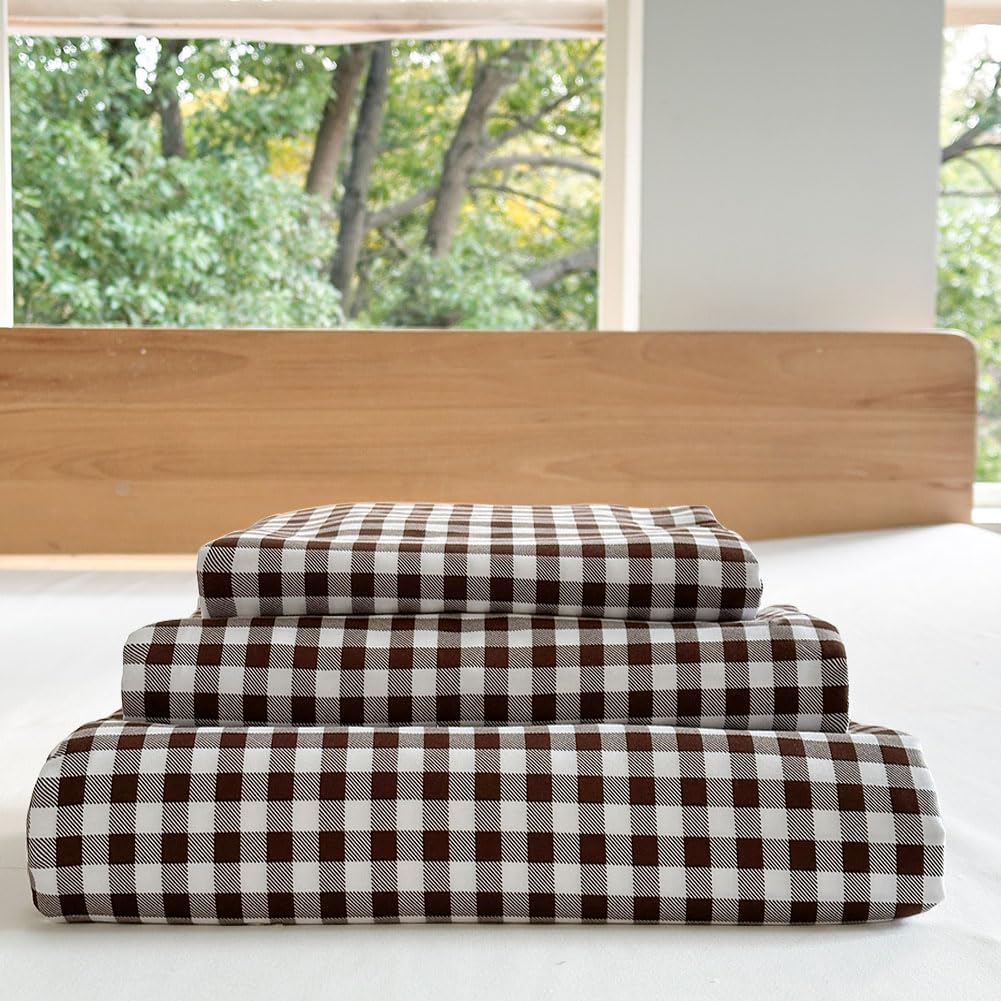 NSNLGSGC Mocha Gingham Full Sheet Set, Coffee Soft Brushed Microfiber Plaid Full Bed Sheets, 4-Pieces Grid Sheet Set with Deep Pocket