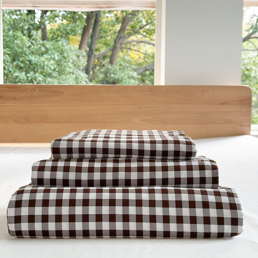 NSNLGSGC Mocha Gingham Full Sheet Set, Coffee Soft Brushed Microfiber Plaid Full Bed Sheets, 4-Pieces Grid Sheet Set with Deep Pocket