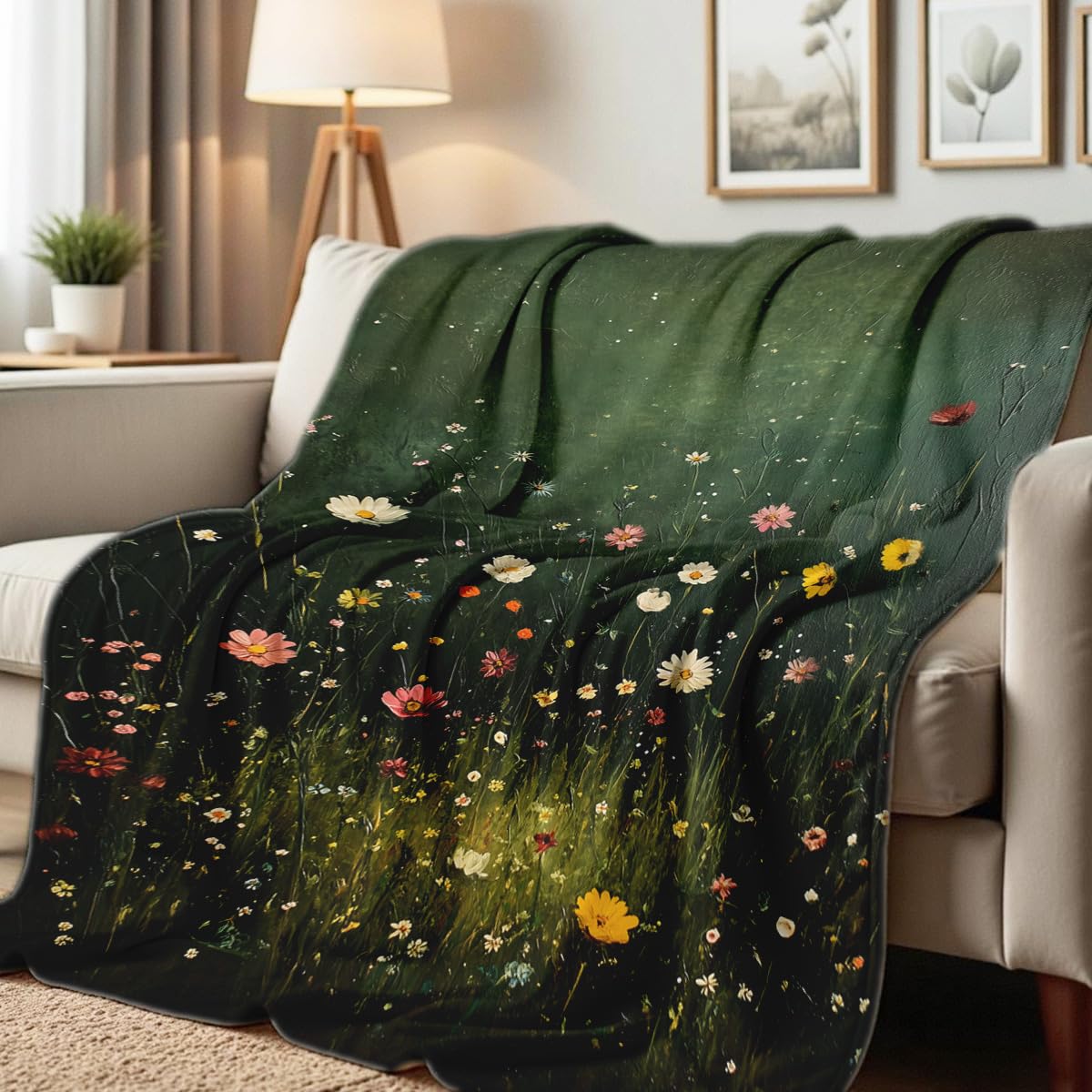 HUNXIAOJ Wildflower Print Blanket Flower Throw Blanket for Couch Bed Chair Soft Green Floral Flannel Throw Wildflower Decor Gifts (49"x59")
