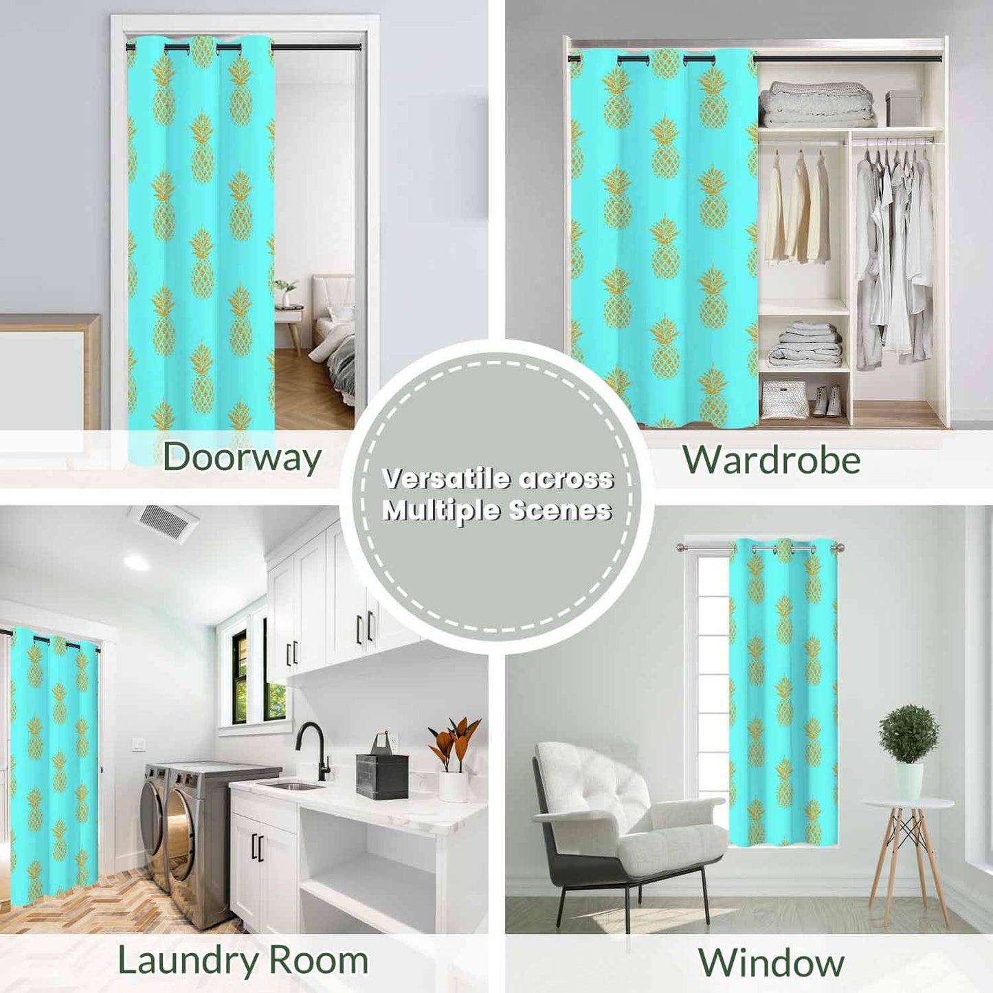 Haciadan Pineapple Door Curtain Tropical Fruit Gold Blue Doorway Blackout Curtain for Bedroom Living Room,34x80 Inch 1 Panel