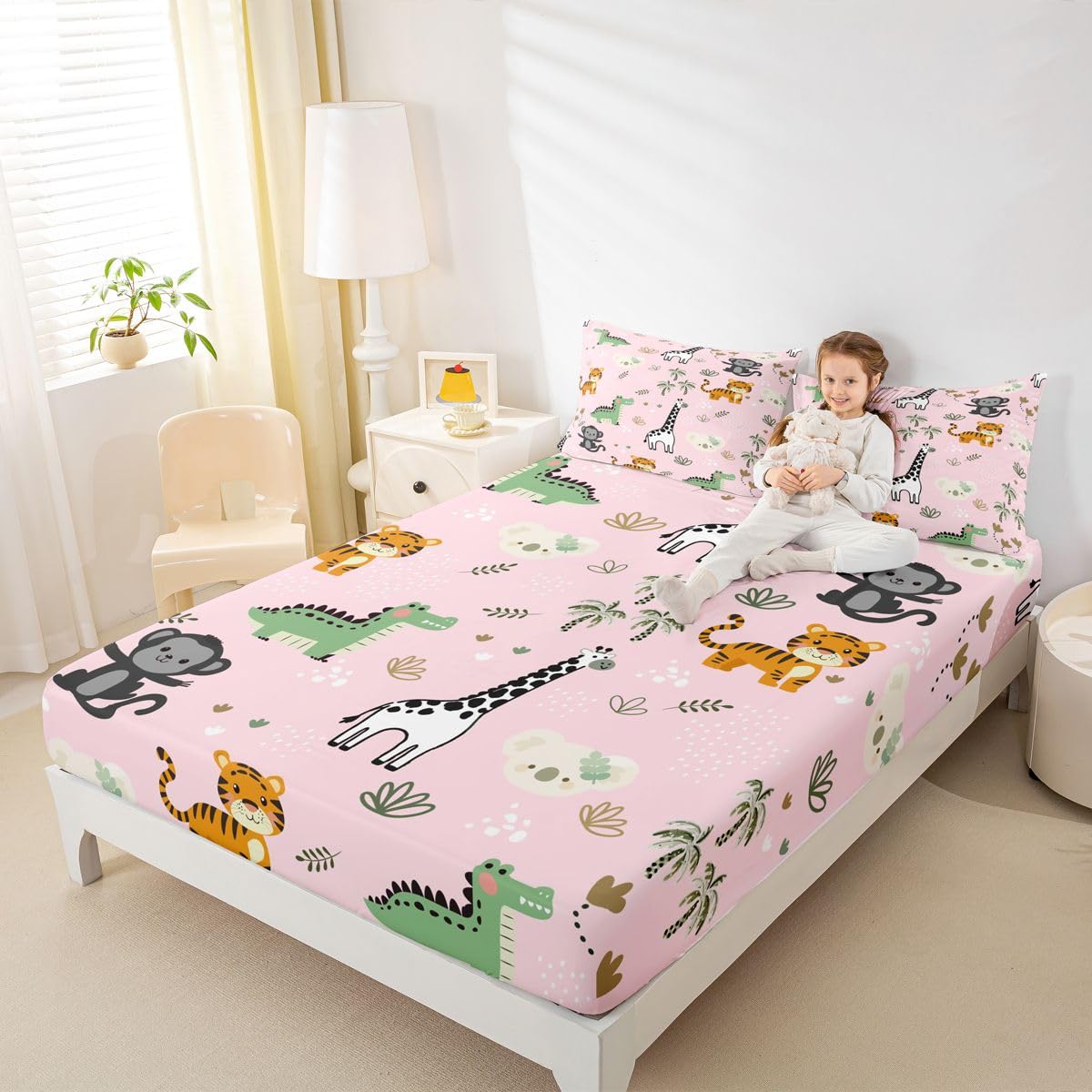 Erosebridal Jungle Animals Bed Sheets Full Cartoon Kawaii Sheet Set for Kids Boys Girls Monkey Giraffe Crocodile Tiger Sheets Hunting Wildlife Flat Fitted Sheet 3 Pcs