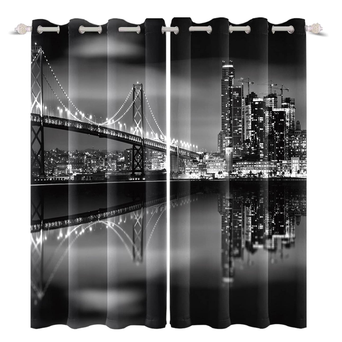 Umpoo City Night View Blackout Window Curtains San Francisco Urban Bridge Skyscrapers Black Scenery Window Drapes 2 Panels Set for Modern Living Room Bedroom Decor Window Treatment, 52x63 Inch