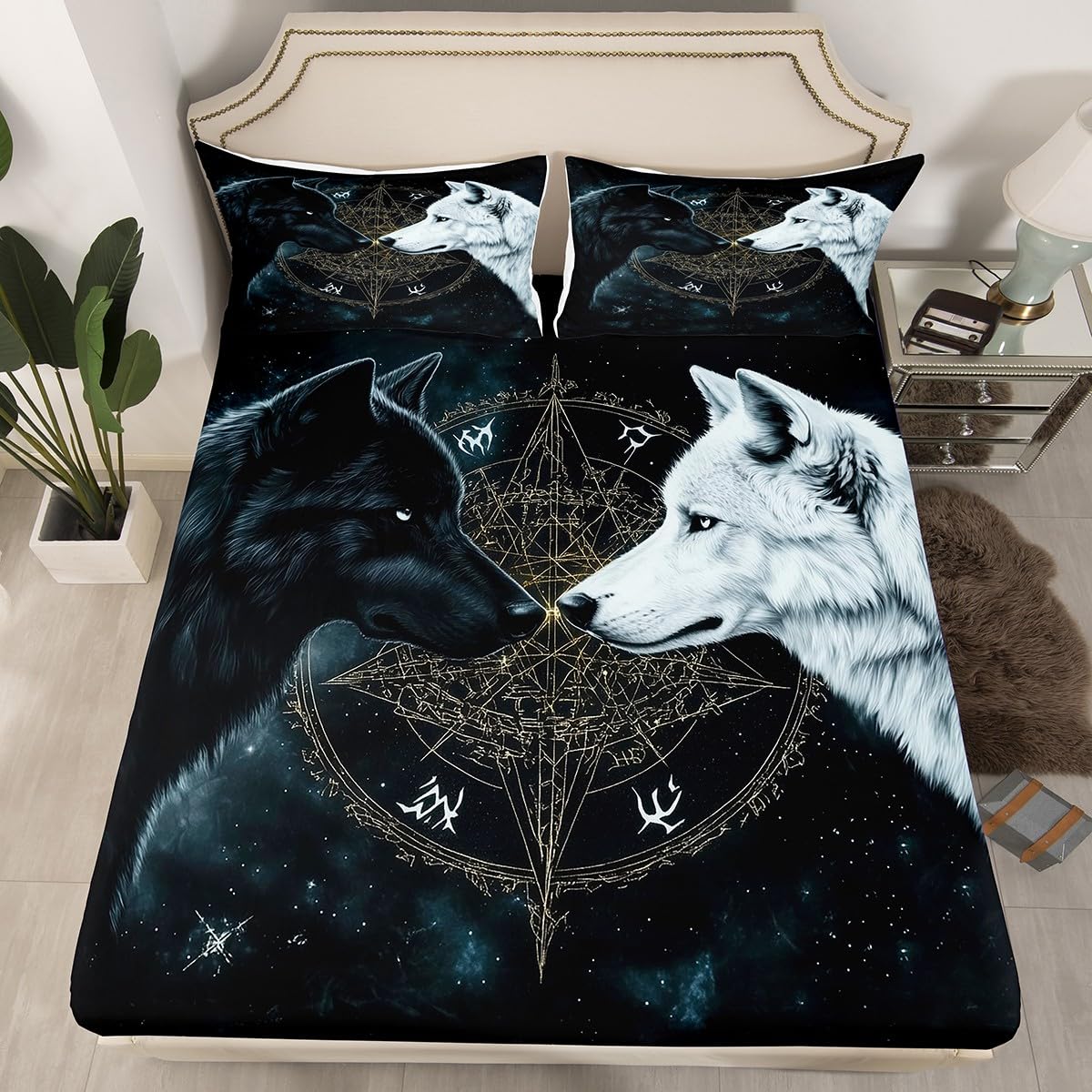 Black White Wolf Bedding Sets Full Size,Wild Life Bed Sheets 4Pcs,Sun Moon Starry Sky Fitted Sheet for Kids Teens Men Boys Room Decor,Magical Boho Style Black Top Flat Sheet,2 Pillowcases