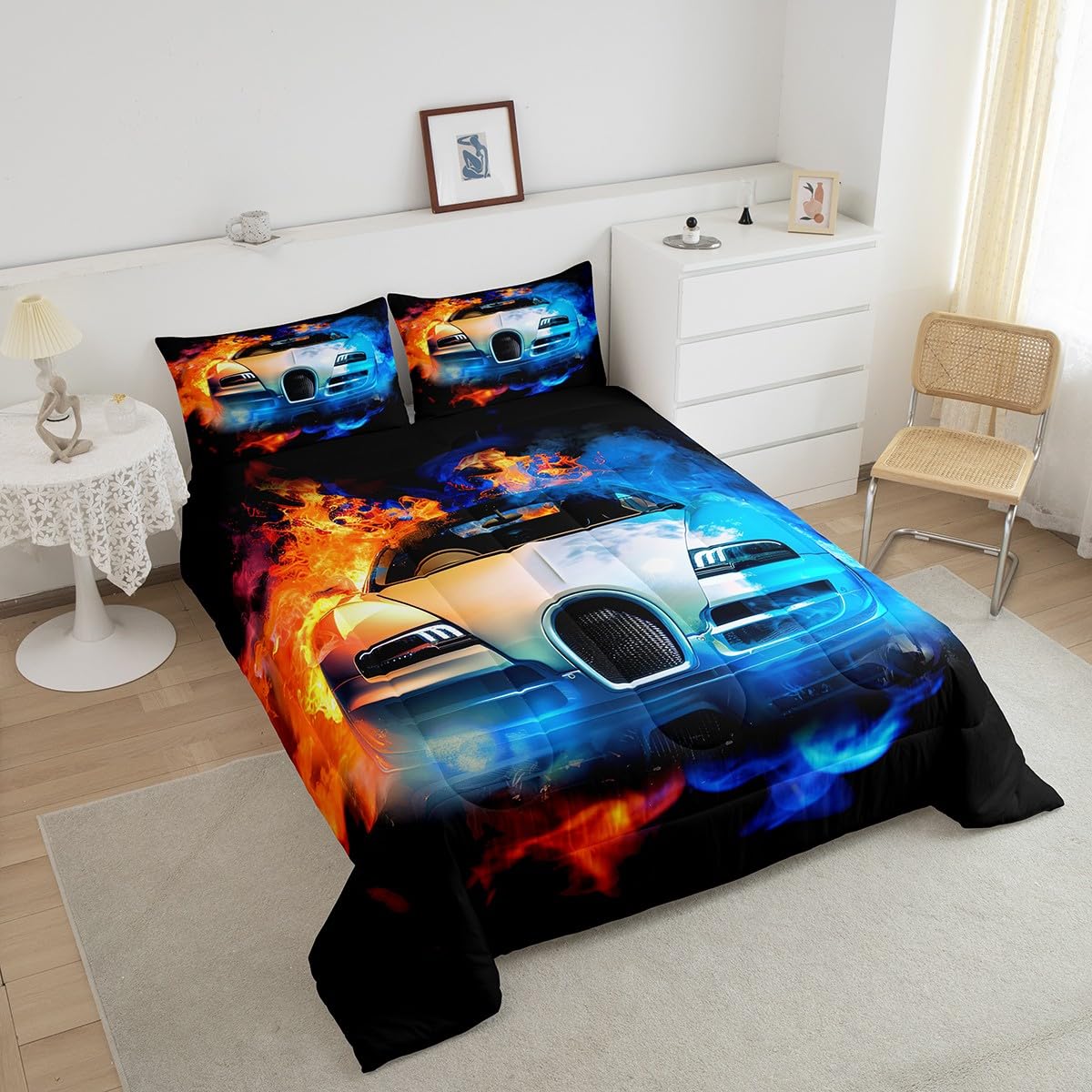 Feelyou Kids Sports Car Bedding Set Luxury Yin Yang Race Car Bedding Set for Boys Girls Men Extreme Sports Theme Comforter Cool Speed Racing Car Comforter Set Bedroom Collection 2Pcs Twin Size