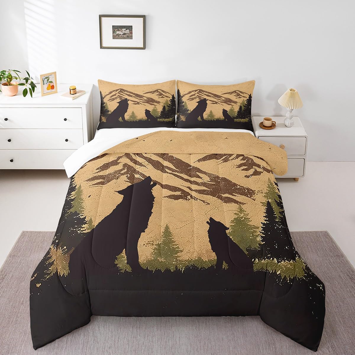 Howling Wolf Bedding Set Full Size,Hunting Wildlife Theme Comforter Set for Kids Boys Men Teens Room Decor,Retro Rustic Farmhouse Duvet Insert 3Pcs,Nature Animal Silhouette Quilt Set,2 Pillowcases