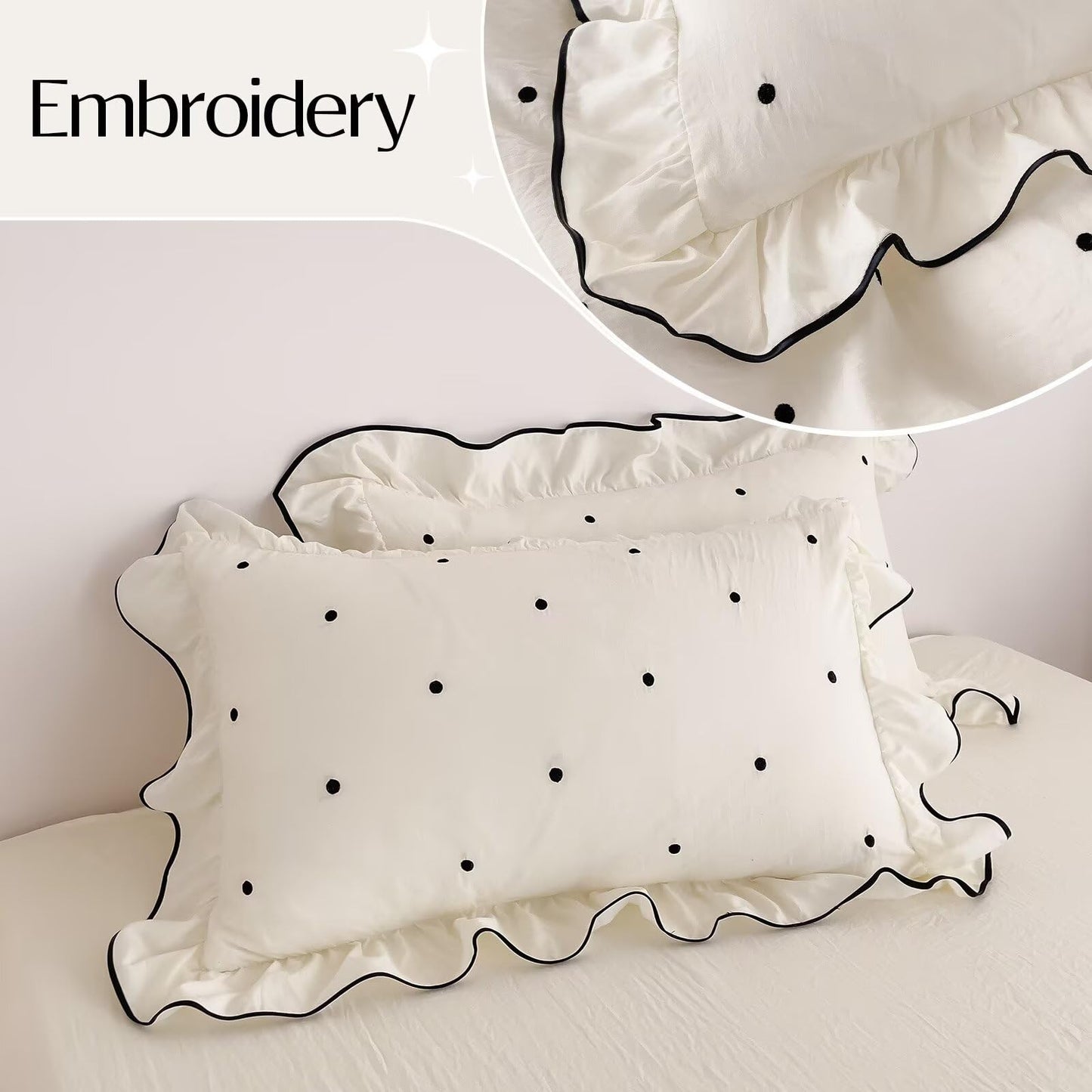 AMZTOP Duvet Cover Queen Size Polka Dot Beige 3 Pcs(1 Duvet Cover with 2 Pillowcases),Soft Washed All Seasons Comforter Covers with Ruffles,Cute Queen Bedding Set for Teen Girls 90"×90"