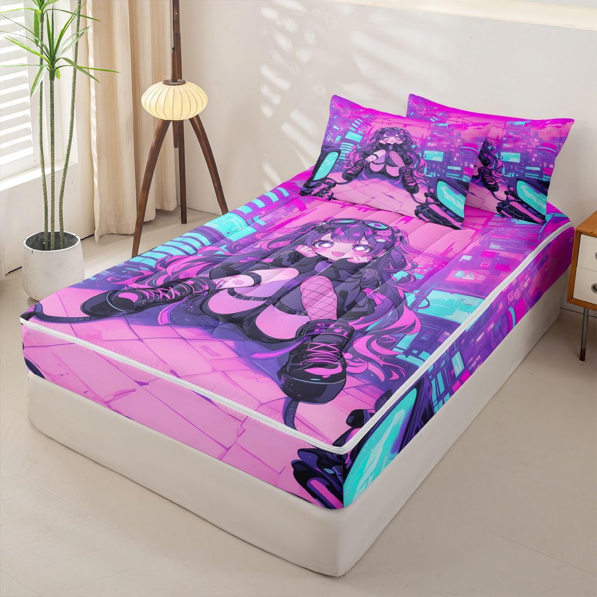 Erosebridal Fashion Girls Kids Comforter Set with Zipper, Japanese Girl Twin Size Zipper Bedding Set, Girly 3D Gaming Bed-in-A-Bag