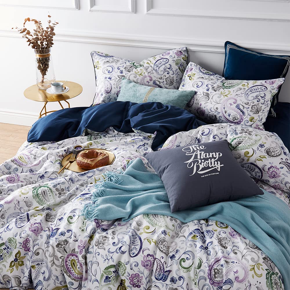 Cupocupa Duvet Cover Set, Queen, Microfiber, White Paisley Pattern, Boho Floral, 3 Pieces