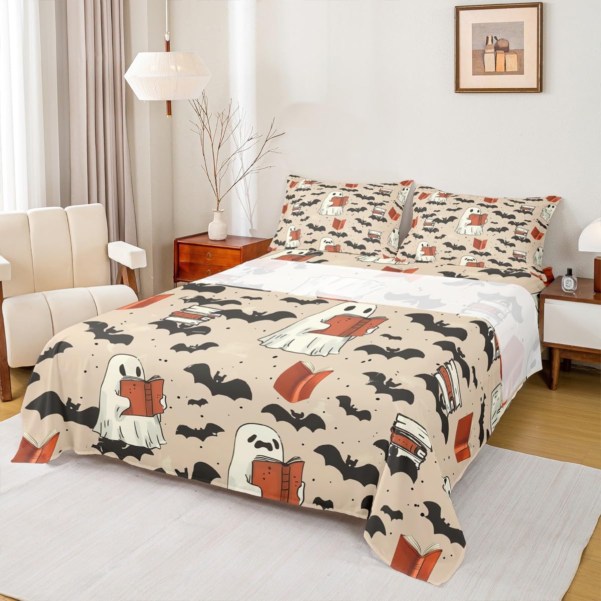 jejeloiu Halloween Decor Bed Sheets Sets Twin Size Kids Boys Girls Cartoon Ghost Bedding Set Bats Bed Sheet Set with 16-Inch Deep Pockets Spooky Halloween Decorations 3Pcs with 1 Pillow Cases