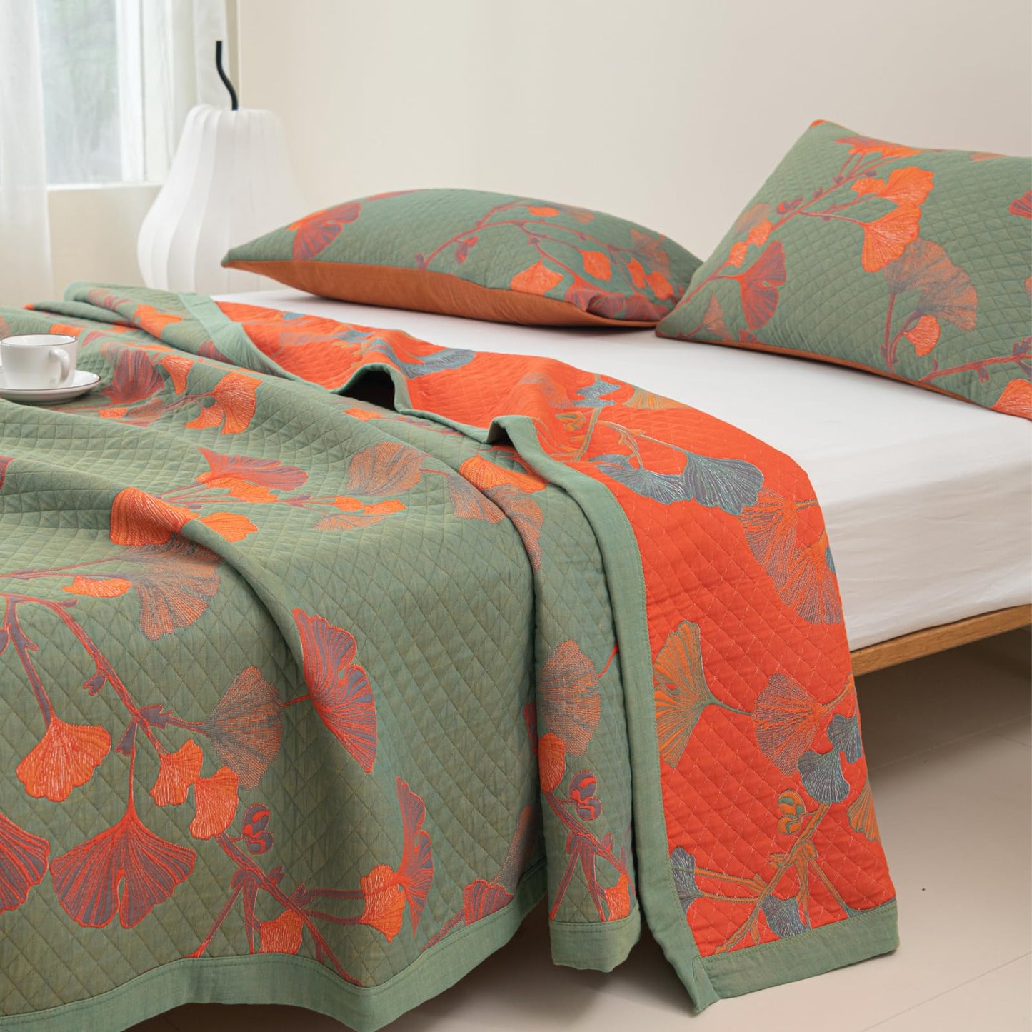 Purefair 100% Cotton Muslin Blanket Jacquard Green Orange Floral Ginkgo Leaves Quilt, Soft Bed Cover Lightweight Breathable Gauzy Reversible Bedspread Coverlet Full/Queen(78"x94"), No Pillow Sham