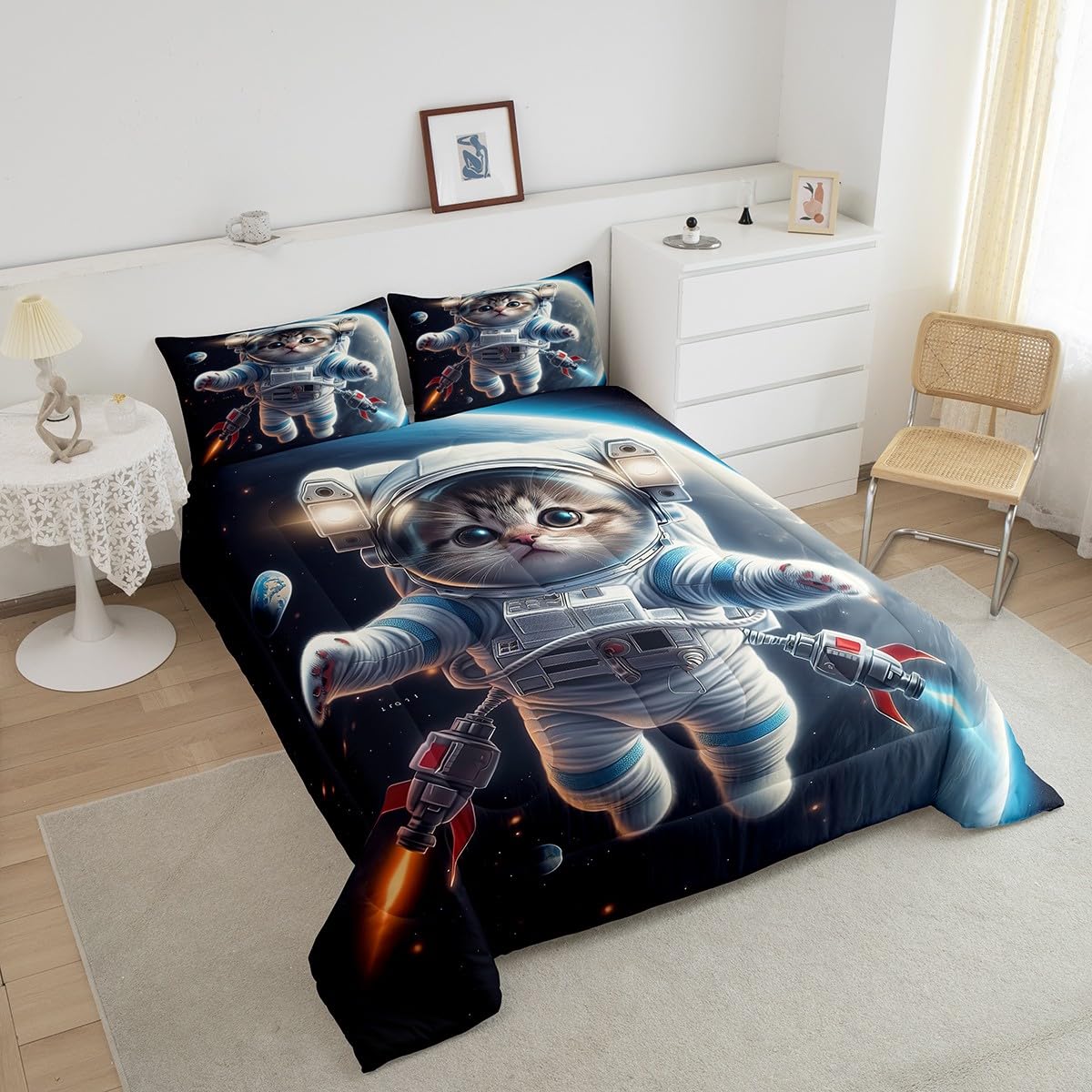 Erosebridal 3D Astronaut Cat Twin Bedding Sets for Girls Boys Kids Toddler,Outer Space Themed Cat Comforter Set Kawaii Room Decor,Rocket Ship Planet Bedding Set Universe Galaxy Quilt Bed Set 2Pcs