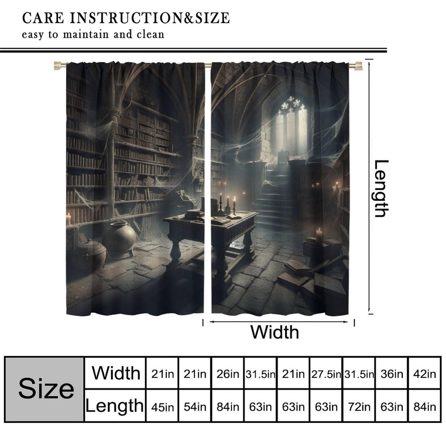 Nsbul Gothic Library Curtains, Mysterious Halloween Spooky Bookshelf Webs Dark Decor Window Treatment for Bedroom Living Room Festive Holiday, 42" W X 45" L(No Blackout)