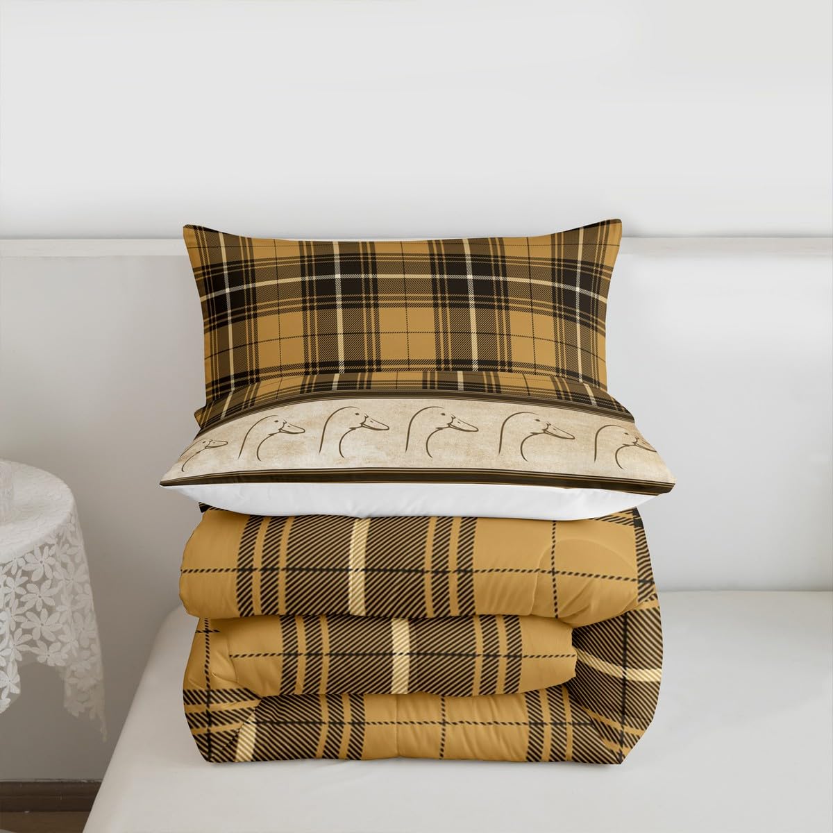Ducks Silhouettes Kids Comforter Set Queen Size,Cartoon Animals Cute Bedding Set,Girls Boys Adults Bedroom Decor,Geometric Plaids Splicing Down Comforter,Brown Rustic Duvet Insert,2 Pillowcases