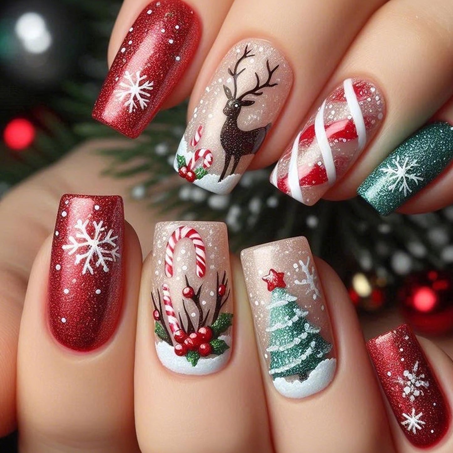 MISUD Press on Nails - Medium Square Fake Nails with Snowflake Elk, Acrylic Xmas Red Green Design 24 pcs