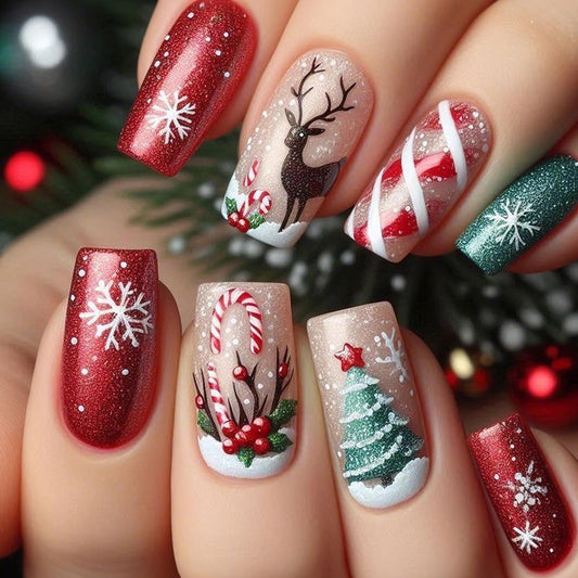 MISUD Press on Nails - Medium Square Fake Nails with Snowflake Elk, Acrylic Xmas Red Green Design 24 pcs