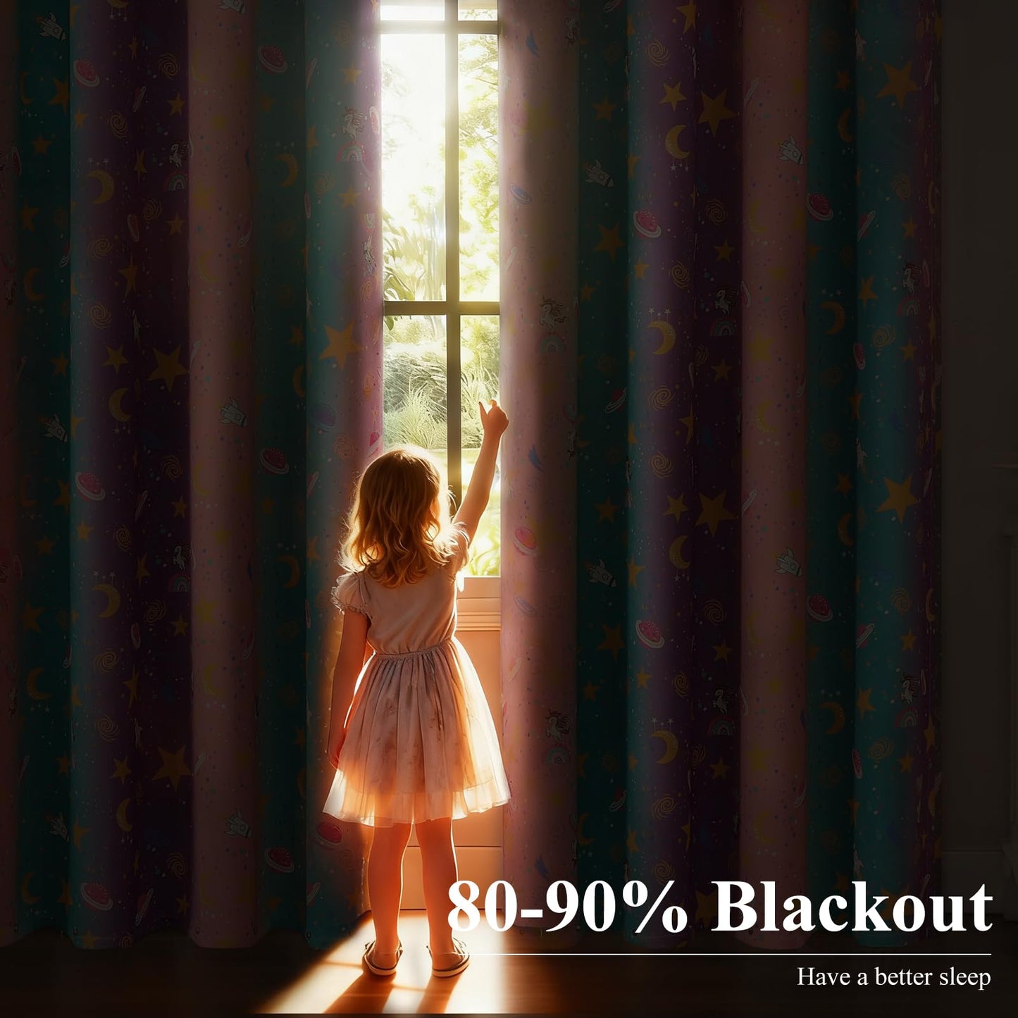 Estelar Textiler Unicorn Rainbow Galaxy Printed Ombre Pink Purple Teal Blackout Curtains for Kids & Girls Room,Thermal Insulated Room Darkening Grommet Drapes with Star & Moon Pattern,38Wx63L,2 Panels