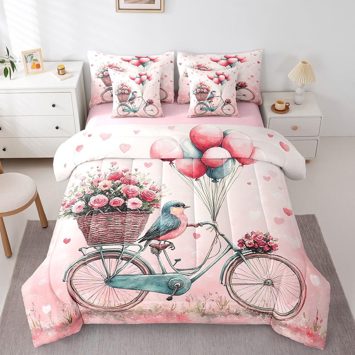 Erosebridal Romantic Valentine's Day Full 7 Piece Bedding Set Cardinal Bicycle Bed in A Bag Pink Roses Balloon Comforter Set for Girls Teen Women,Cute Cartoon Animal Love Heart Bed Set