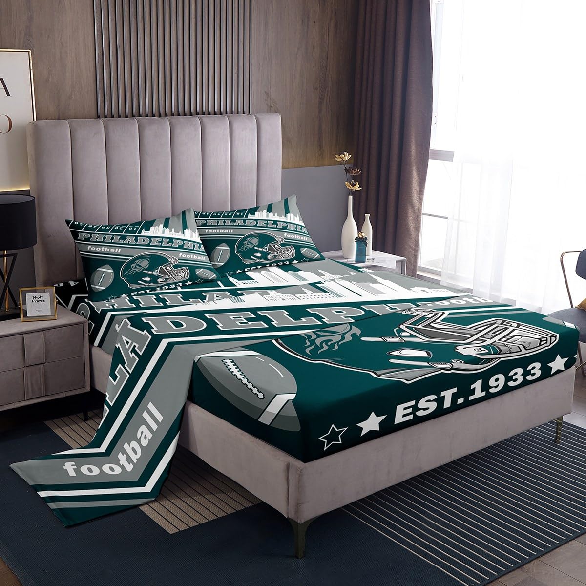Feelyou Football Bed Sheets Set Full Size Boys Women Men Football City Fitted Sheet with 16 Inch Deep Pockets Rugby Sports Bedding Set