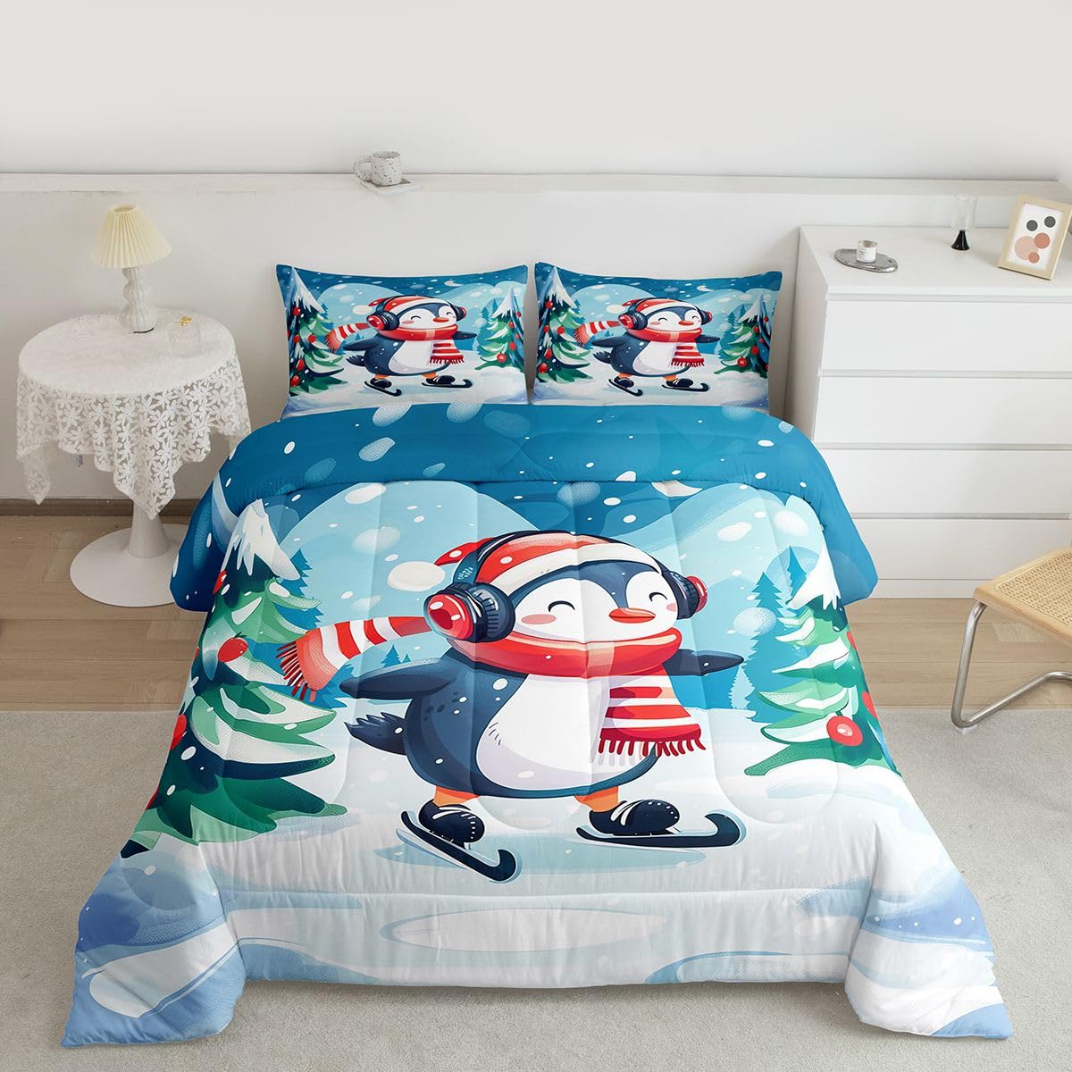 Erosebridal Cute Penguin Kids Comforter Sets Skating Penguin Queen Bedding Set for Boys Girls Antarctic Animal Sports Comforter Set,Winter Snowy Forest Quilt Duvet 3 Pcs