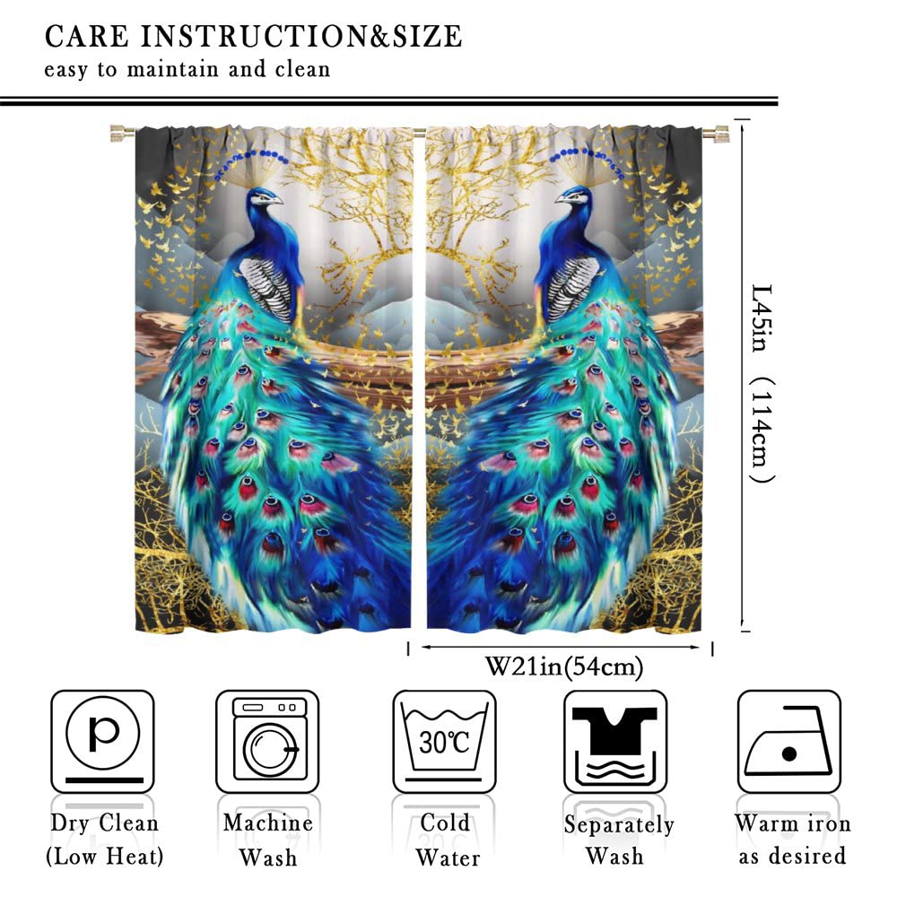 Peacock Curtains,Beautiful Two Peacock Golden Butterfly Tree Art Pattern Window Drapes for Living Room Bedroom Kitchen Decor,Rod Pocket Room Decor Curtains,42 x 45 Inch