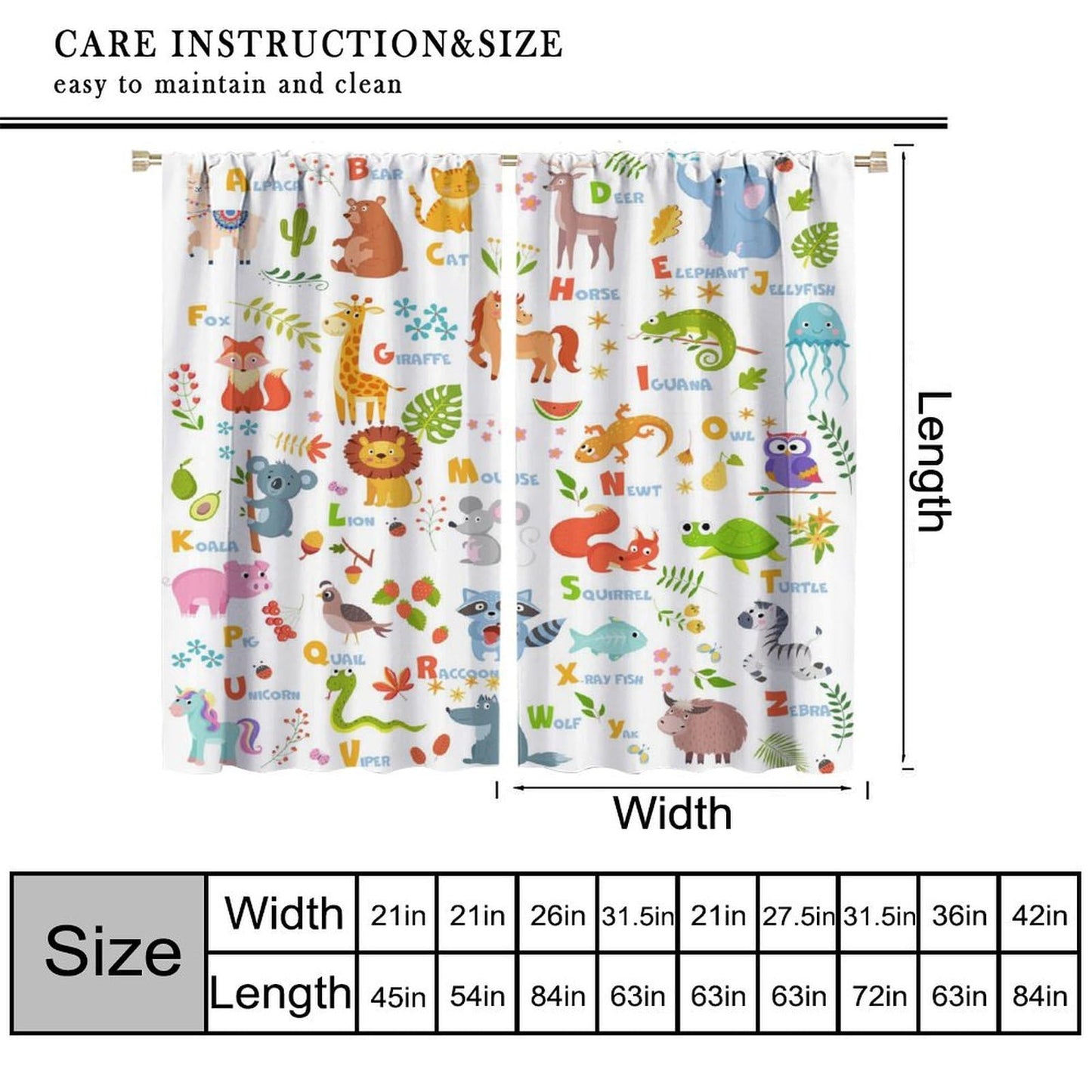 Learning Education ABC Curtains for Kids,Cartoon Watercolour Animals Plants Flowers Toddlers Alphabet Learning Plants Fruits Window Drapes for Boys Girls Baby Nursery Bedroom 42x45in（No Blackout）