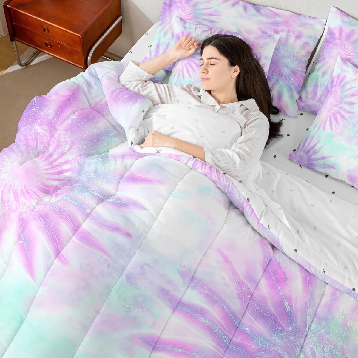 Erosebridal Tie Dye Queen Comforter Set, Purple 7-Piece Bed in A Bag, Setspiral Swirl Vortex Sheets and Pillowcases, Gypsy Girly Style Bed Sets