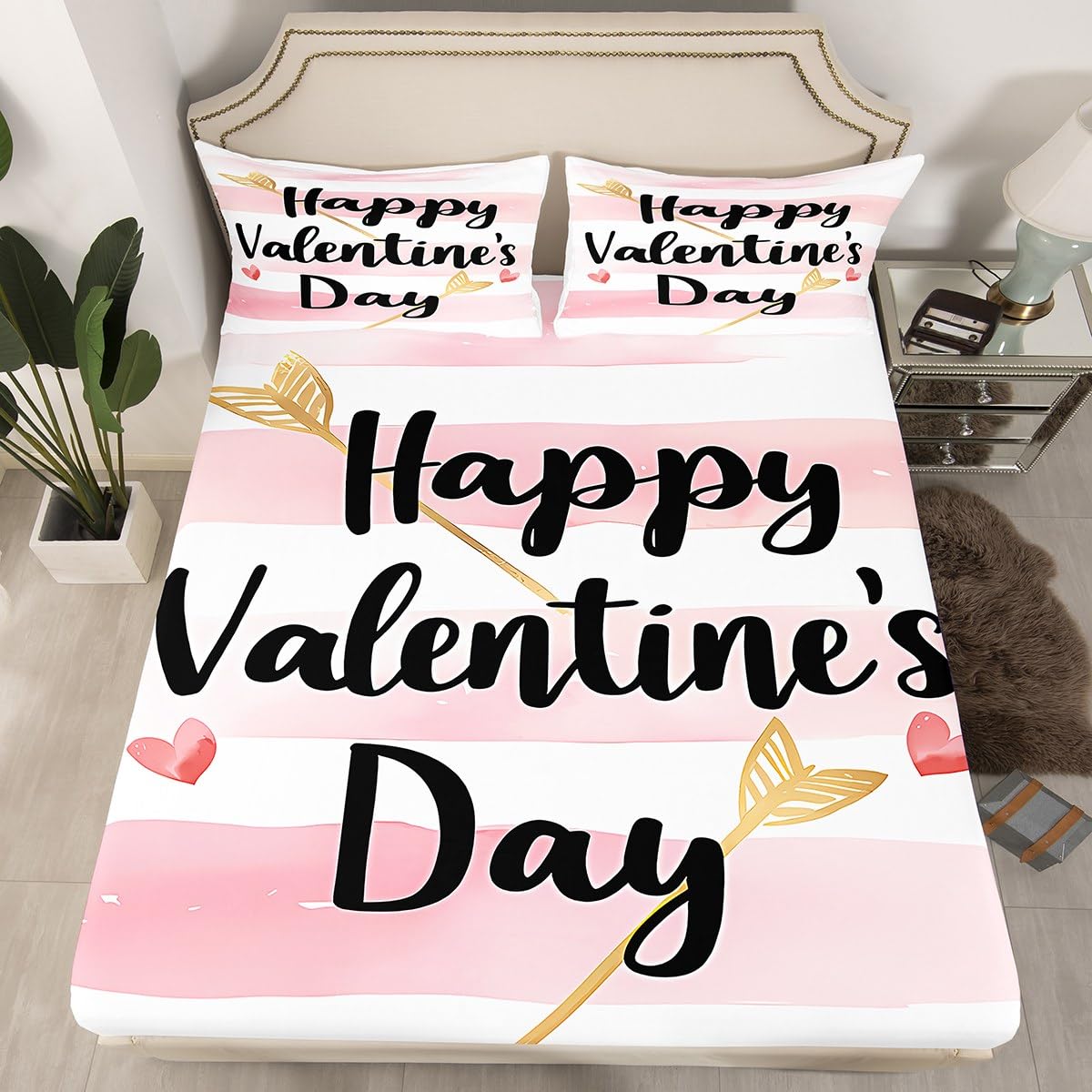 Feelyou Boys Girls Valentine's Day Bed Sheet Set Full Size, Love Heart Fitted Sheet Kids Red Heart Bedding Set Romantic Teens Bed Cover Bedroom Decor 3Pcs (No TOP Sheet)
