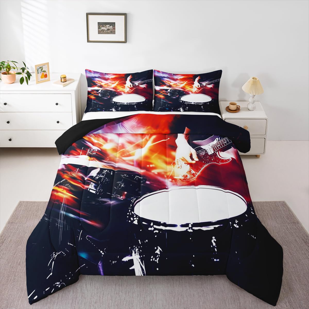 Erosebridal Guitar Drum Kit Comforter Set Queen Rock Musical Instruments Bedding Set Music Theme Comforter for Kids Boys Girls,Rock Music Lovers Quilt Duvet