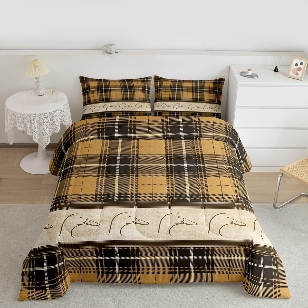 Ducks Silhouettes Kids Comforter Set Queen Size,Cartoon Animals Cute Bedding Set,Girls Boys Adults Bedroom Decor,Geometric Plaids Splicing Down Comforter,Brown Rustic Duvet Insert,2 Pillowcases
