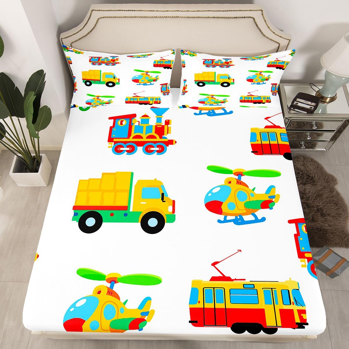 Cartoon Car Sheet Set Kids Construction Sheets with Deep Pocket Fitted Sheet for Boys Cute Train Aircraft Bed Sheets Set Breathable Airplane Print Construction Vehicles Bedding Set Room Decor Full