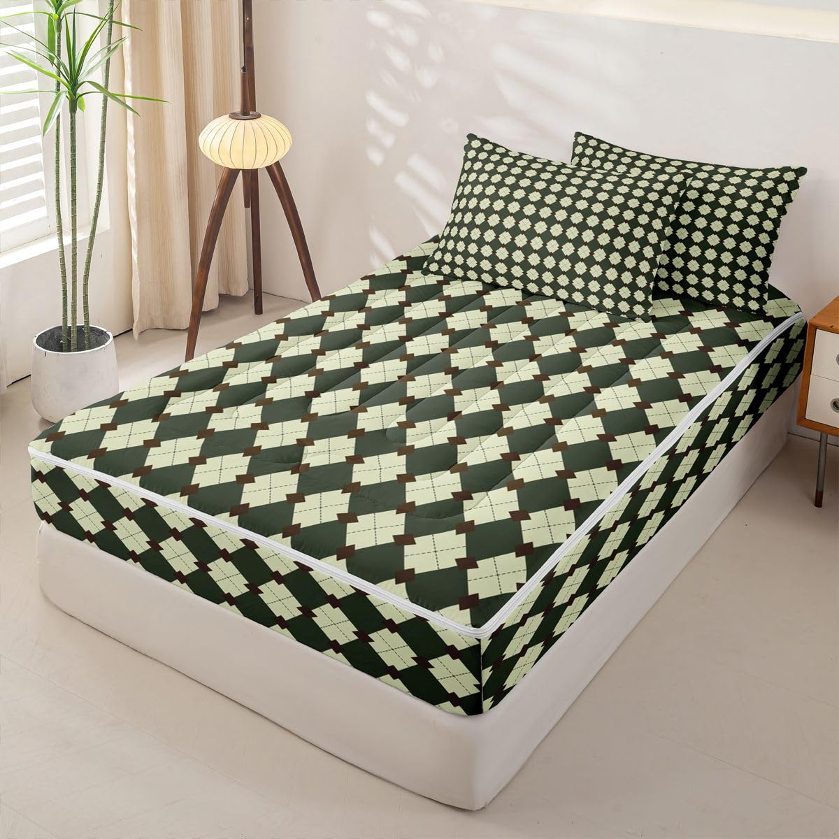 Feelyou Plaid Zipper Bedding Full Maze Lattice Zipper Bedding Sets for Kids Boys Girls Checkered Printed Comforter Set with Fitted Sheet and Pillowcases Ethnic Monochrome Texture Bedroom Decor