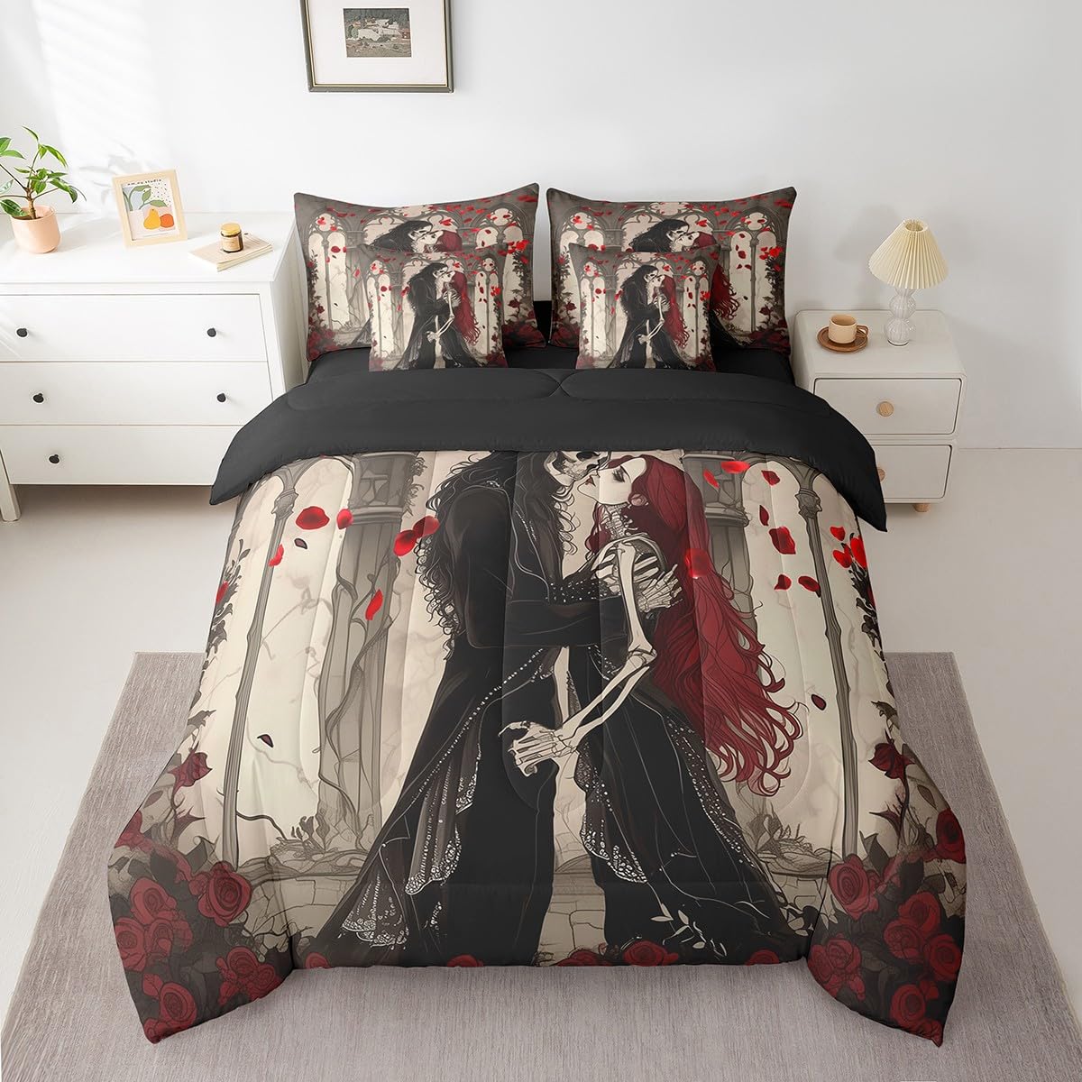 Erosebridal Couple Skull Comforter Set Romantic Valentine's Day 7 Piece Bedding Set Full Size for Adults Men Women,Gothic Skull Skeleton Bed in A Bag Skeleton Lovers Sheet Set with Comforter