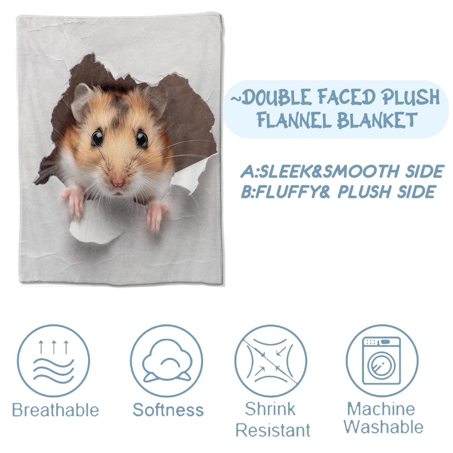 Zeleda Cute Hamster Blanket,Gifts for Pet Lovers,Lightweight Flannel Throw Blankets,Realistic Animal in Torn Paper Throws Home Decor,for Couch Living Room Office,60x50inch