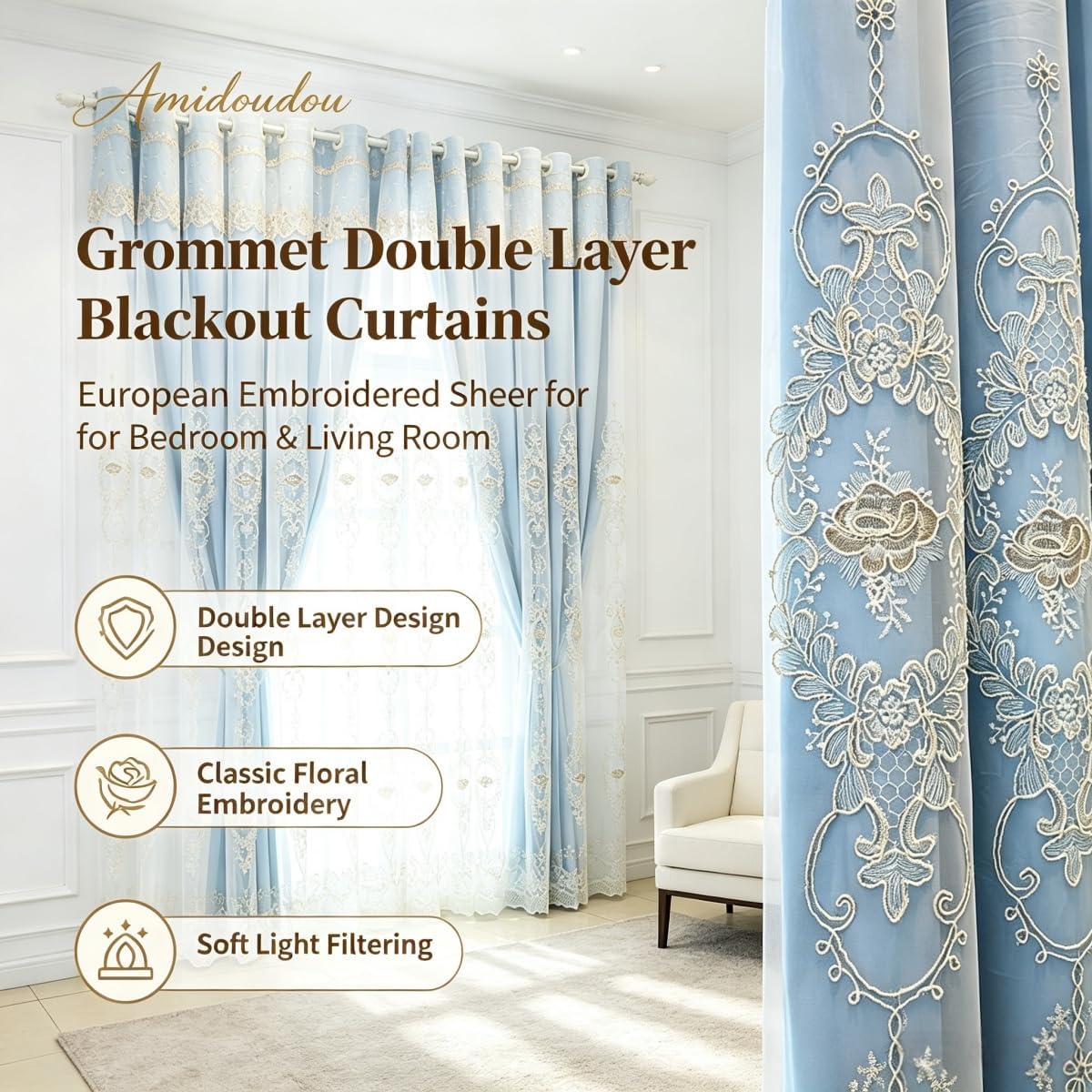 Amidoudou 1 Pair European Double Layer Curtains with Valances for Living Room Bedroom 3D Flower Embroidered Curtains (Blue,63x96 Inch)