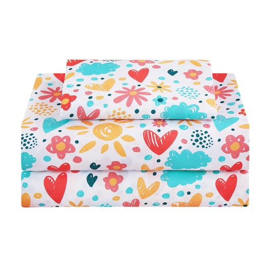 Softan Kids Bed Sheet Set, 3-Piece Twin Sheets Set, Microfiber Fitted Sheet with Corner Straps, Breathable & Silky Soft Colorful Floral Love Pattern Sheet and Pillowcase Sets