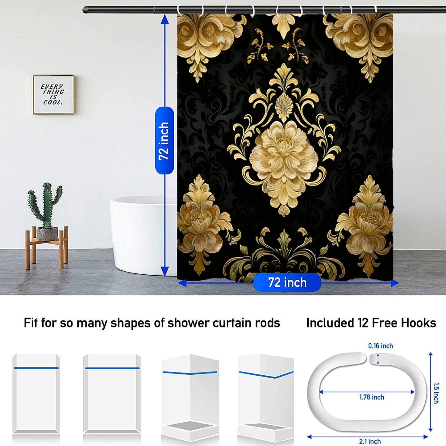 NBVKO 4Pcs Luxury Damascus Gold Flower Shower Curtain Set with 12 Hooks Non-Slip Rugs,Toilet Lid Cover and Bath Mat,Dark Gold Bathroom Decor for Hotel & Home Bathroom