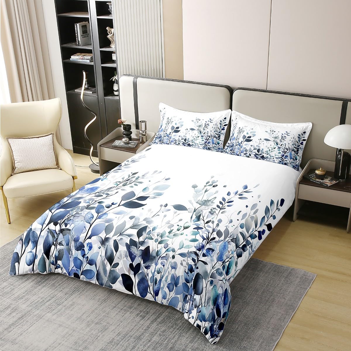 100% Cotton Blue And Grey Comforter Cover, Floral Duvet Cover Twin Size, Teal Plant Bedding Set, Botanical Nature Leaf Quilt Cover, Branch Flowers Bed Cover for Kids Girls Women Bedroom Decorative