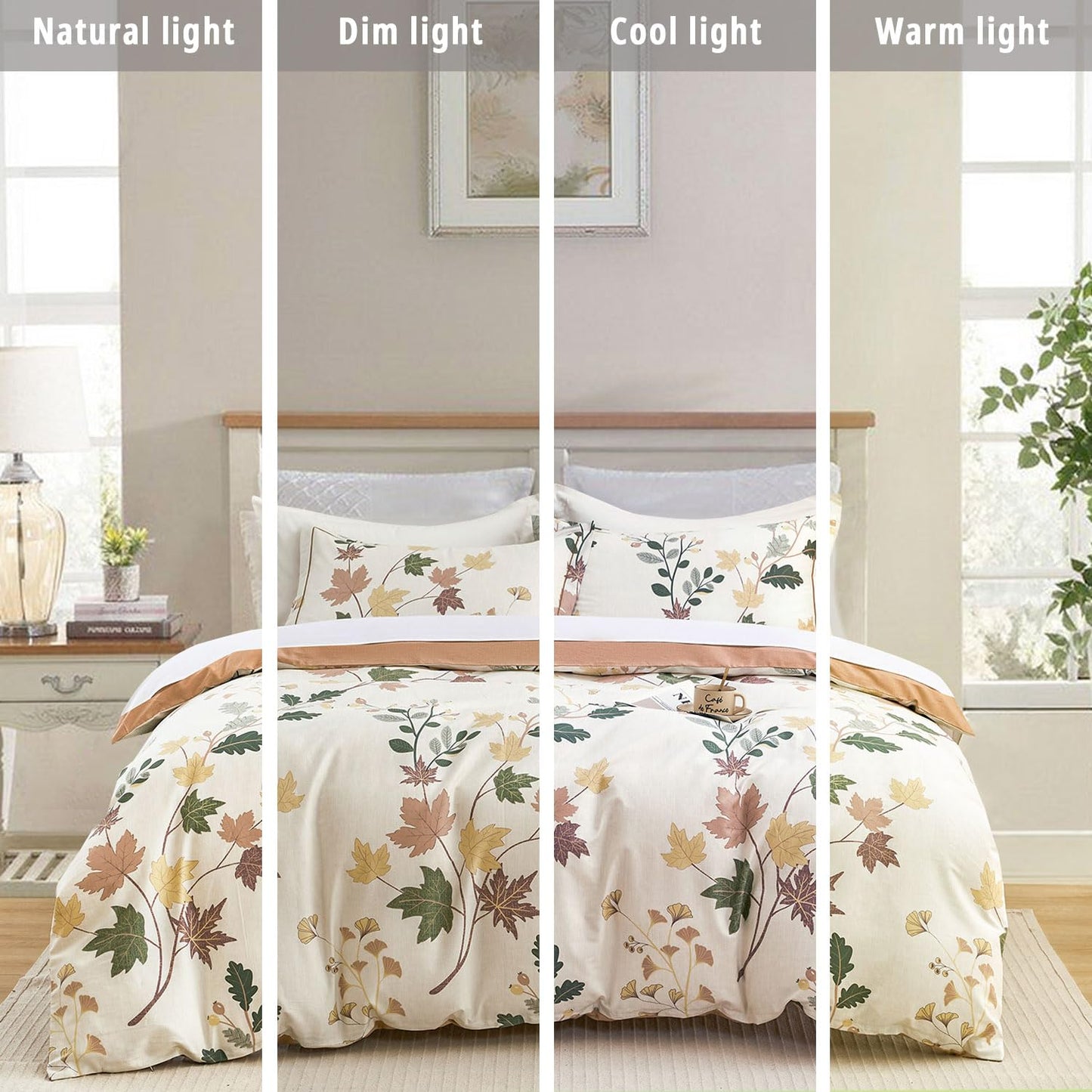 LEMIROE Botanical Cotton Comforter King Size - Luxurious Design with Maple Leaves and Branches on Beige, Textured Maple Orange Back, 3PC Lightweight Bedding Set with Ultra-Soft Alternative Fill