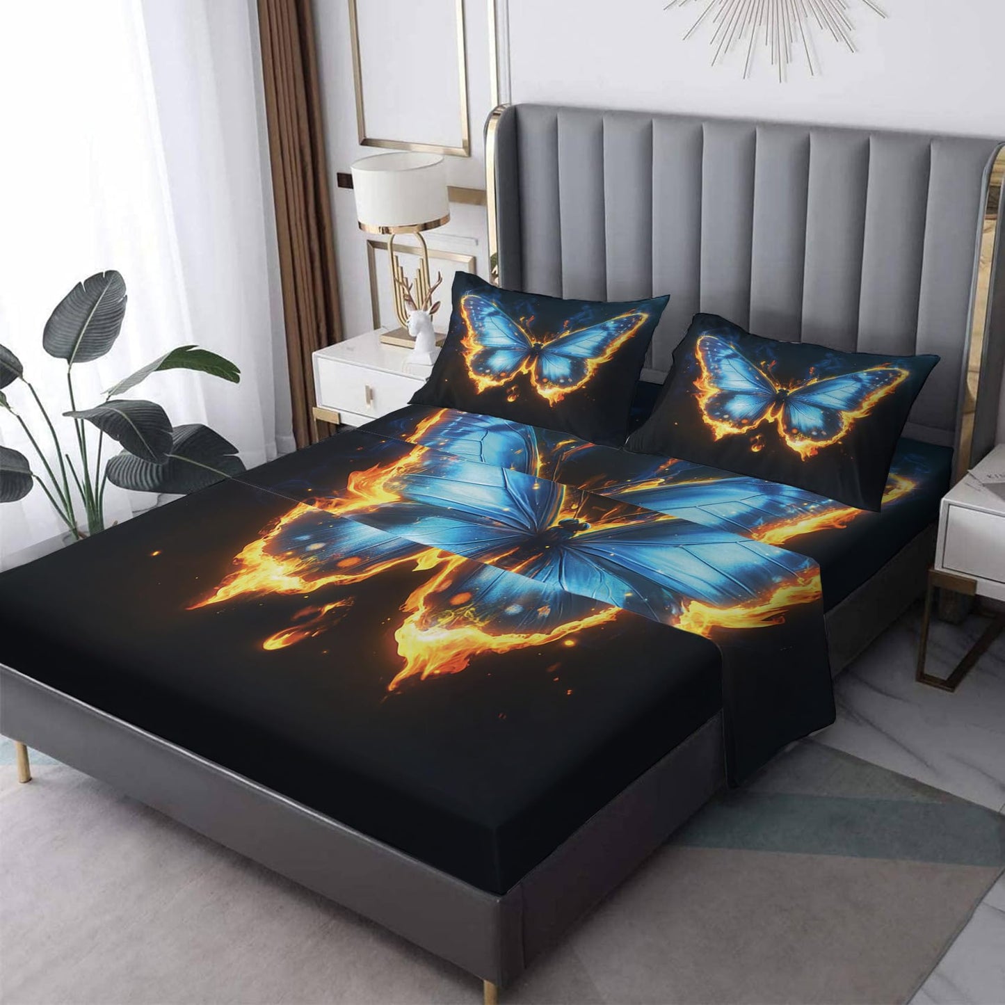 Rejkxyw King Size Sheets Set Fantasy Butterfly - Cartoon Butterflies Bed Sheets - Boys Girls Sheet Set - 12 Inch Deep Pocket - Ultra Soft Winkle Free Microfiber Bedding Sheets & Pillowcases 4 Piece