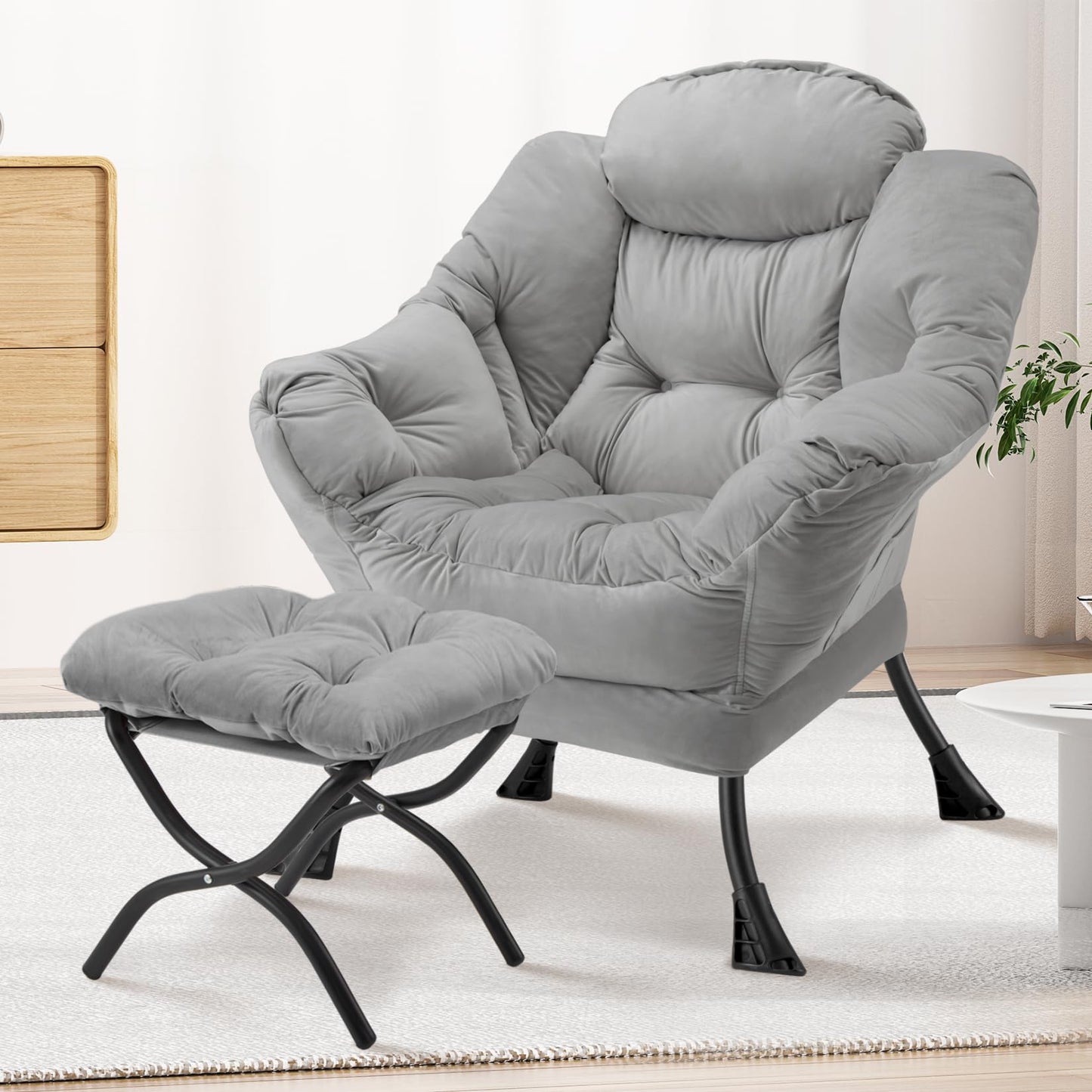 Congermom Lazy Chair with Folding Ottoman Modern Large Accent Chair,Contemporary Lounge Leisure Sofa Chair with Armrests Upholstered Sofa Armchair Reading Chair for Bedroom,Dorm&Office (Light Grey-f)