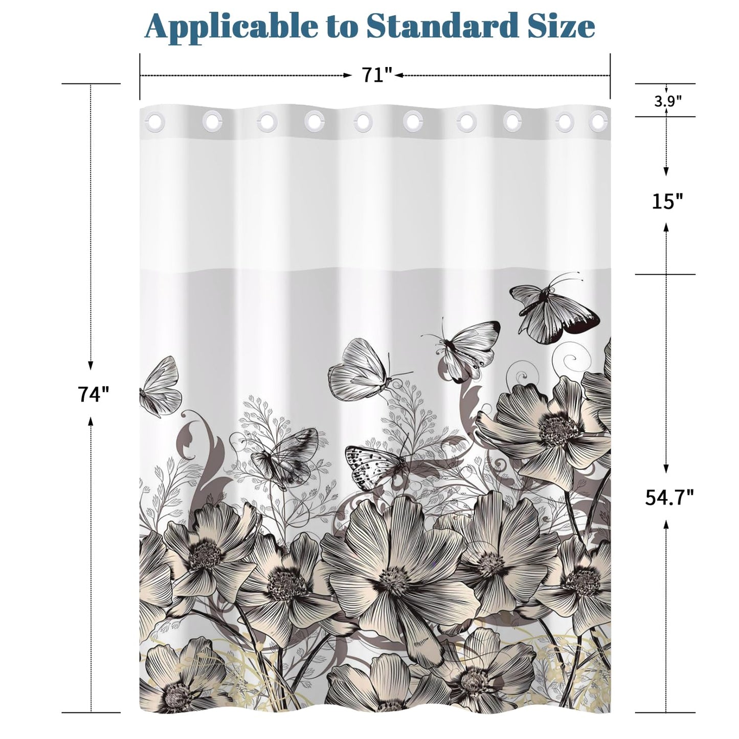 Xiazhilaio Butterfly Floral Shower Curtain with Snap in Liner, Waterproof Double Layer Bath Curtain with Mesh Top Window - Artistic Botanical Design for Farmhouse, Boho & Modern Bathroom, 71″W x 74″L