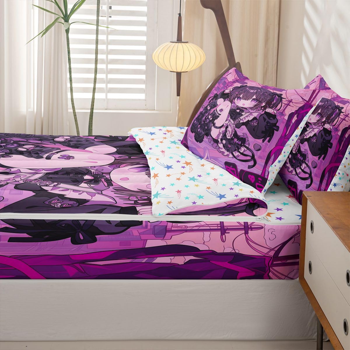Erosebridal Kawaii Anime Girl Zipper Bedding Twin Size, 3D Japanese Style Kids Comforter Set - Uniform Girls Zip Up Comforter Bed in A Bag