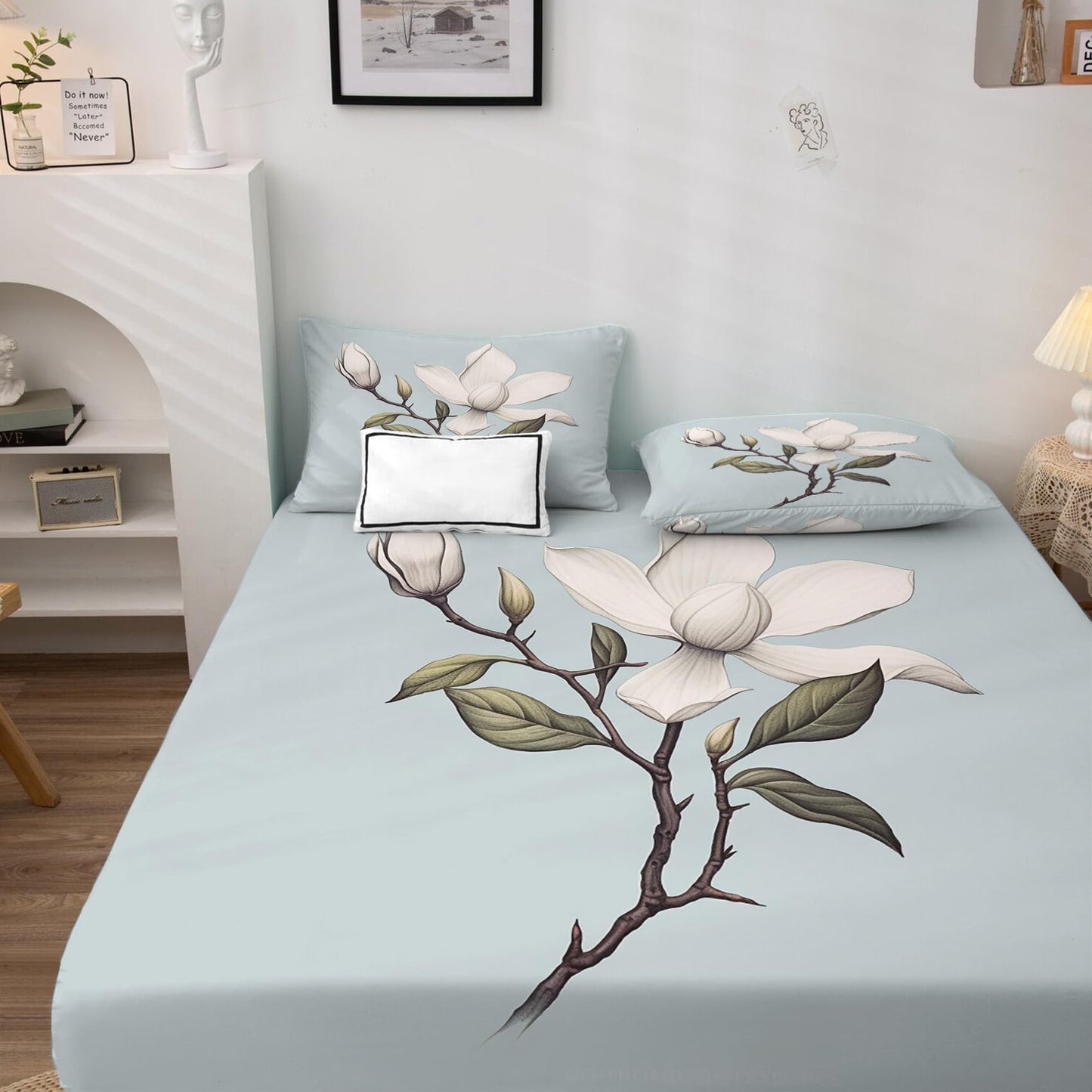THYUNQ Magnolia Flower Split King Sheets Sets for Adjustable Bed, Floral Pattern Sheet Set - 16 Inch Deep Pocket, Super Soft Microfiber Printed Bedding Sheets & Pillowcases 5 Piece
