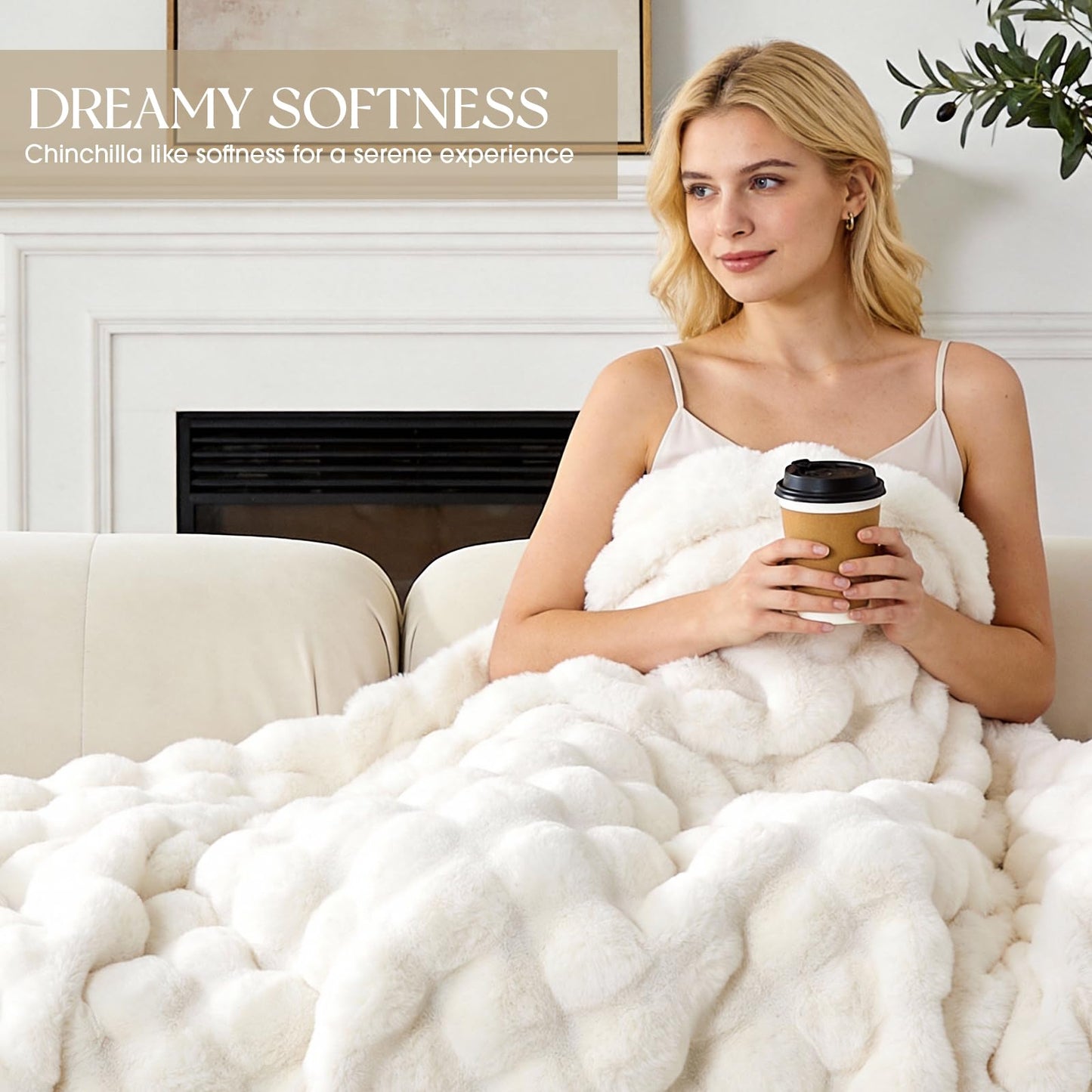 BEDCOOL Luxury Fluffy Faux Fur Throw Blanket, Soft Plush Thick Minky Bubble Blanket for Couch Sofa Bedroom Living Room, Perfect Home Decor Gift for Women, 50 * 60 in,White