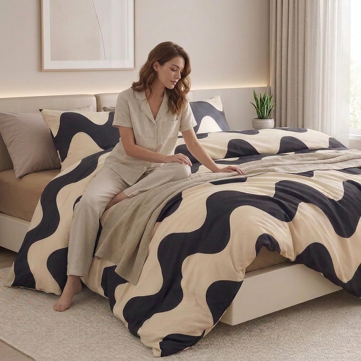 Cozaline 100% Cotton Duvet Cover Queen Size,Cream White Black Geometric Striped Pattern Bedding Set with Zipper Closure, 3 Pcs Breathable and Soft Minimalist Modern Duvet Cover
