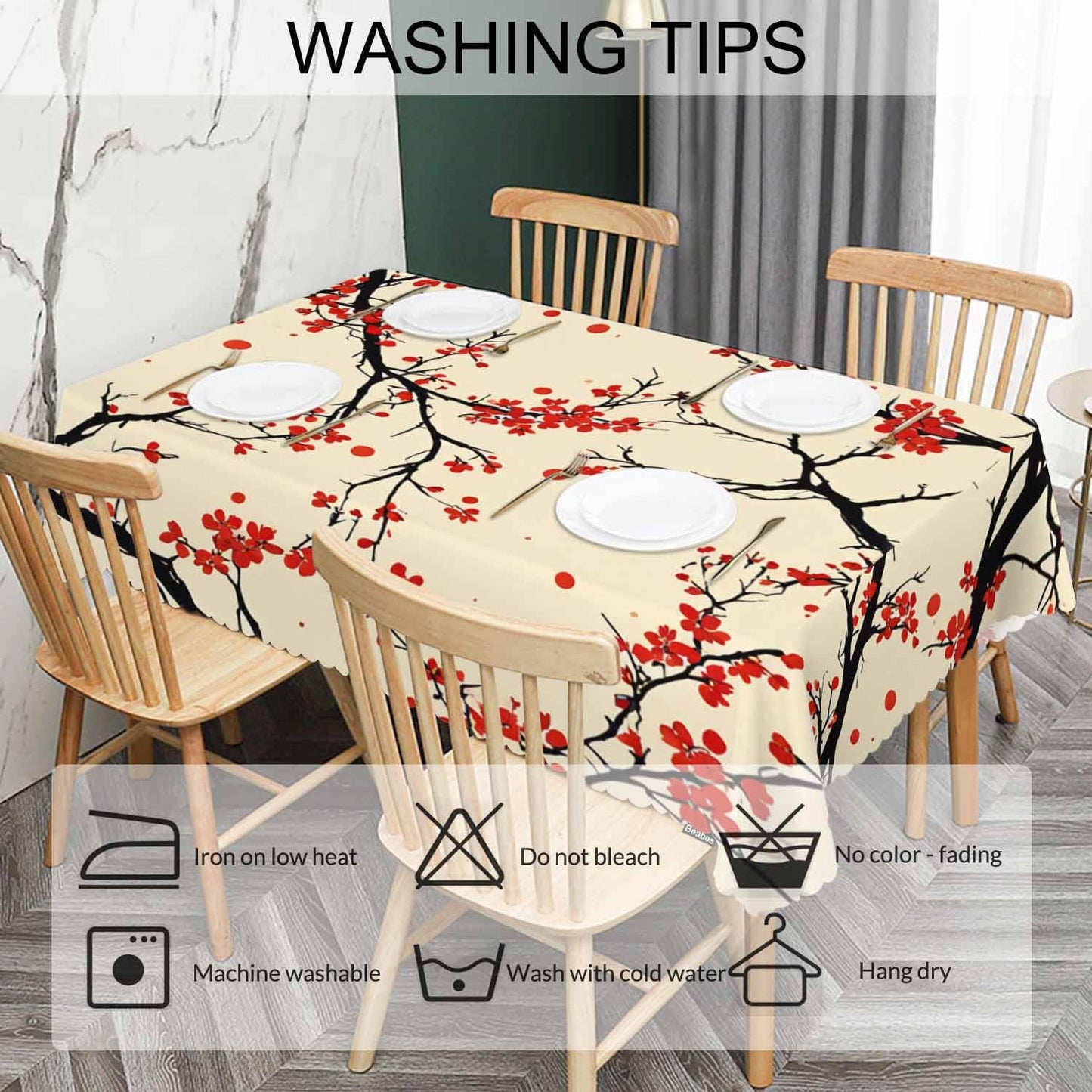 Beabes Cherry Kitchen Tablecloth Japanese Cherry Branch Red Indoor Outdoor Table Cover Anti-Oil Table Cloths for Wedding Banquet Dinner Tablecloths, 52x70 Inch(4-6 Seats)