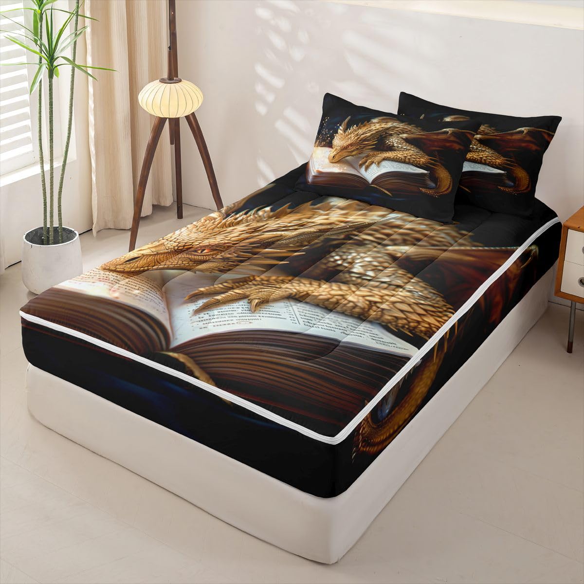 jejeloiu Dragon Zipper Bedding Cartoon Animal Comforter Set for Kids Boys Girls Twin Size Ancient Wildlife Zippered Kids Bedding Set Ultra Soft Mysterious Animal Bed in a Bag
