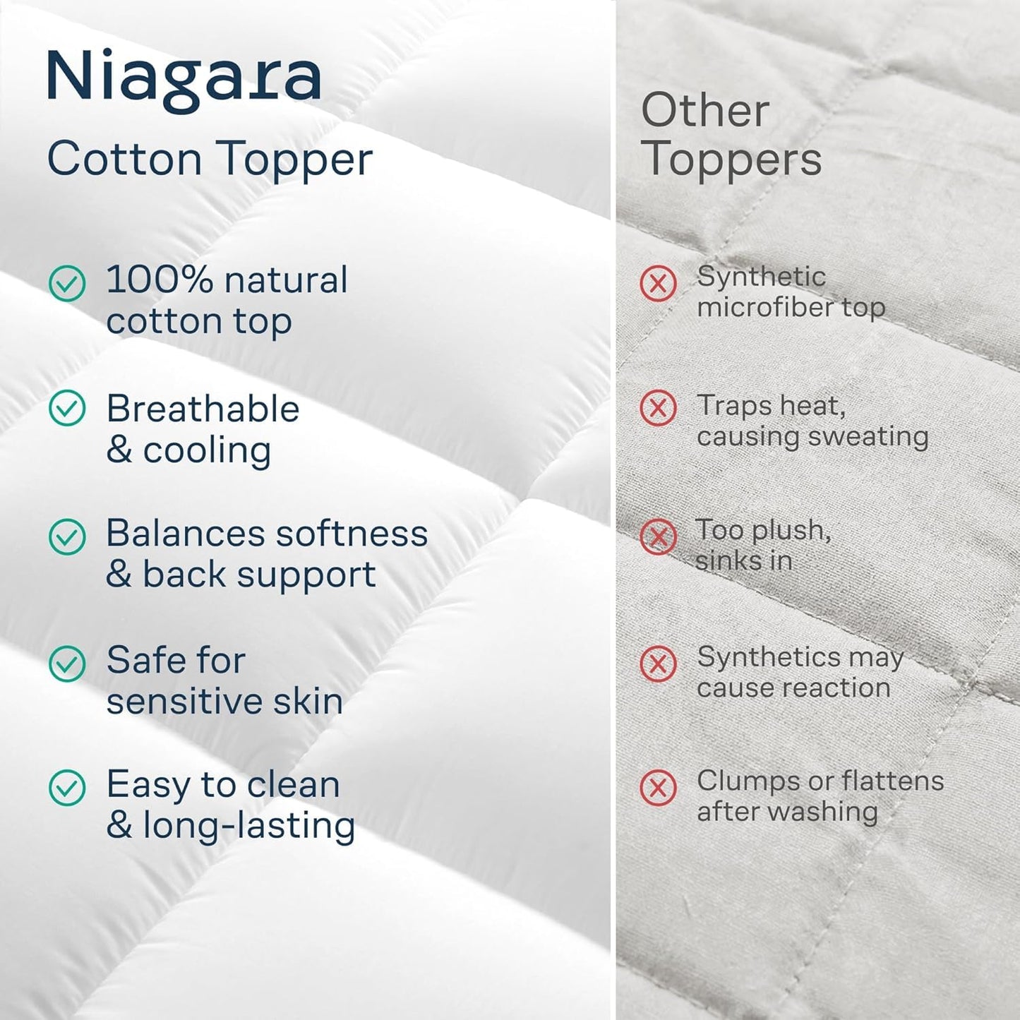 Niagara Sleep Solution Cloud-Like Full Size Mattress Topper - 100% Cotton Top Mattress Pad for Back Pain Relief - Breathable & Naturally Cooling for Hot Sleepers, White